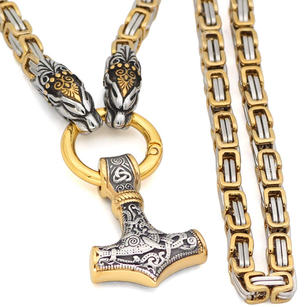 Stainless Steel Viking Necklace for Men - Wolf & Mjolnir Pendant with Valknut Symbol, Durable Men's Chain Jewelry Gift Set - Perfect for Viking Enthusiasts, Norse Mythology Lovers, and Unique Fashion Accessories