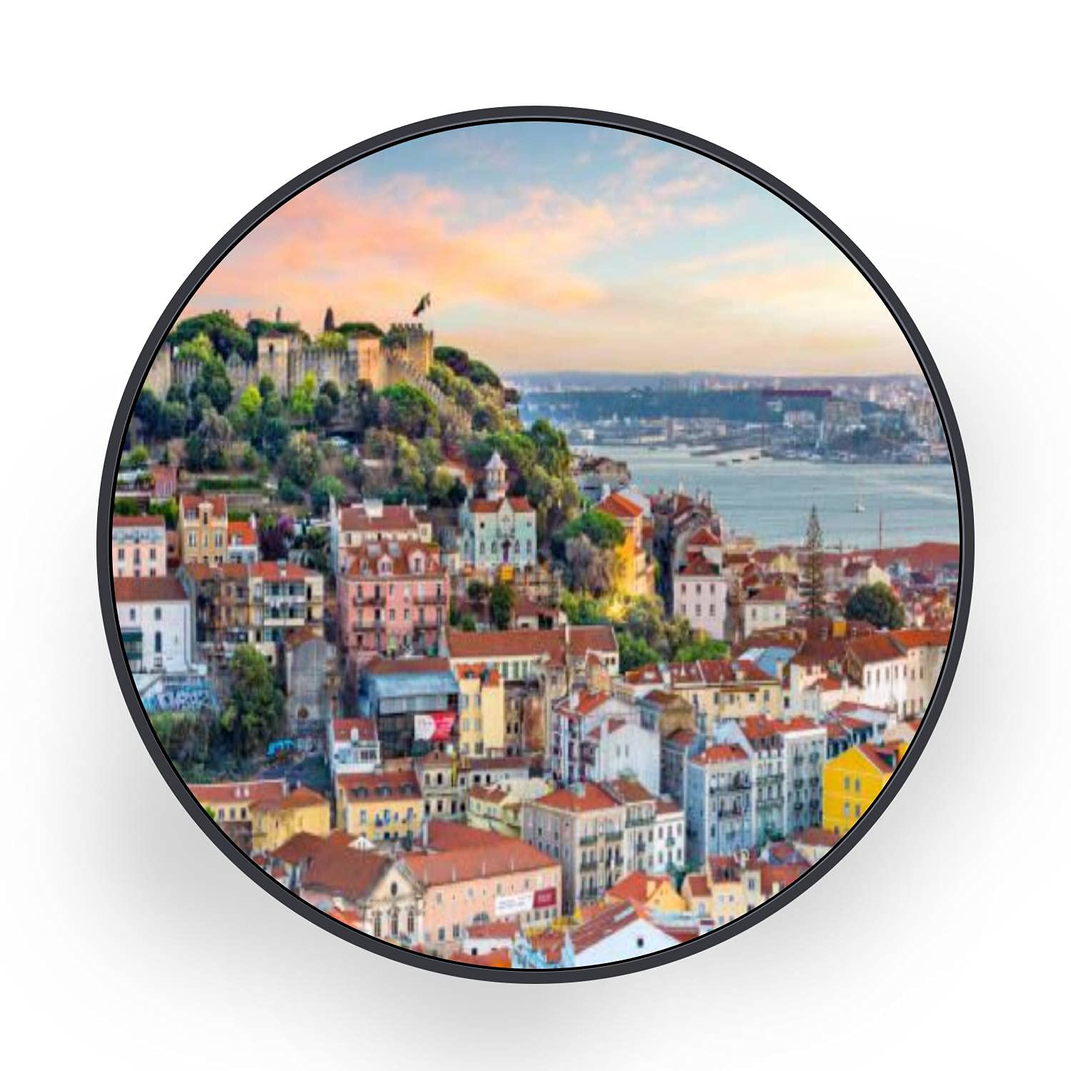 ERFEVBFEH Round Canvas Wall Art - Lisbon Portugal Skyline Painting for Bedroom & Living Room Decor - Black Framed Ready to Hang - Perfect for Home, Office & Gift Giving