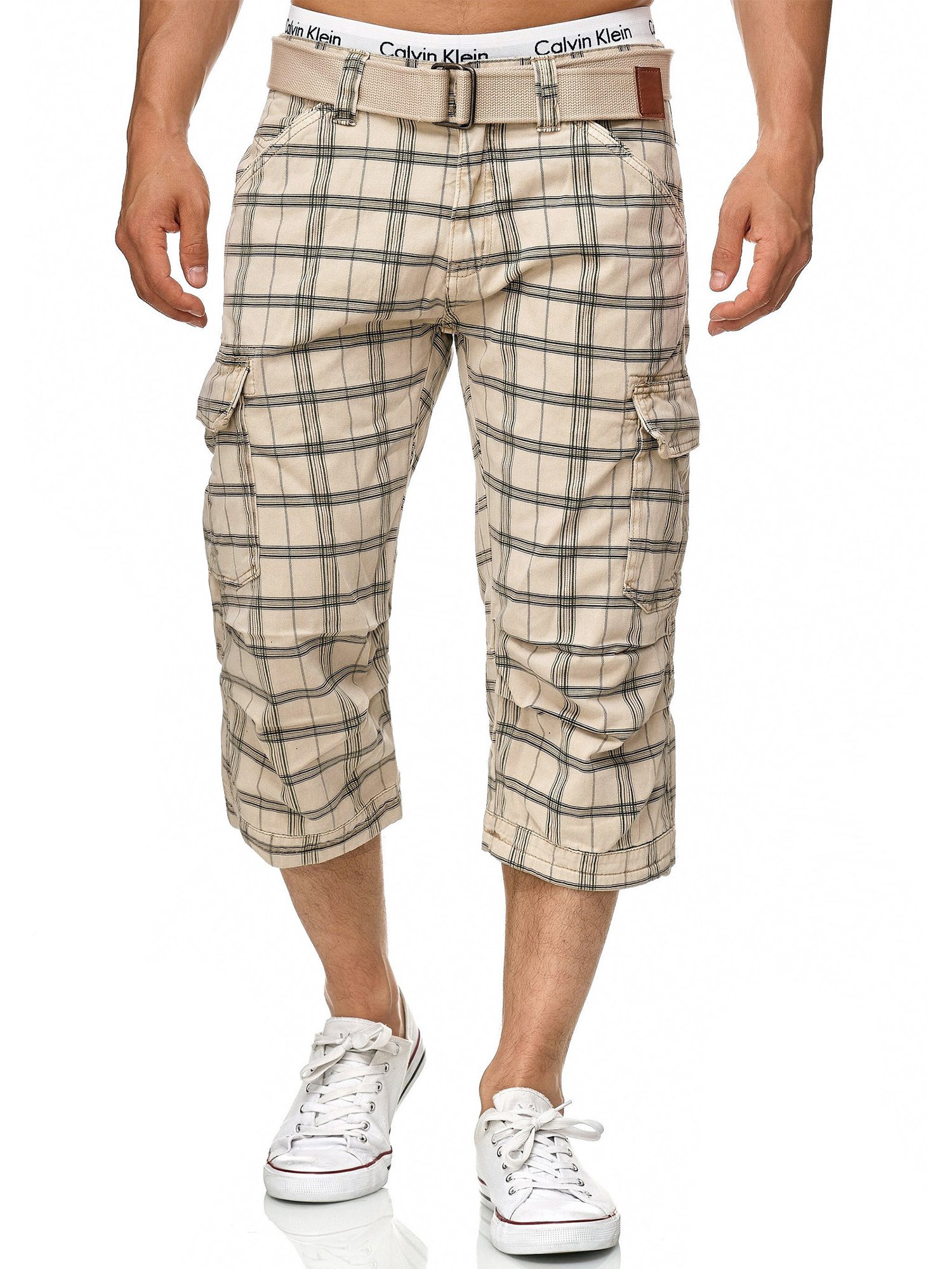 Nicolas Men's Check Cargo Shorts with Belt - 3/4 Length Tactical Shorts for Outdoor Adventures, Hiking & Casual Wear