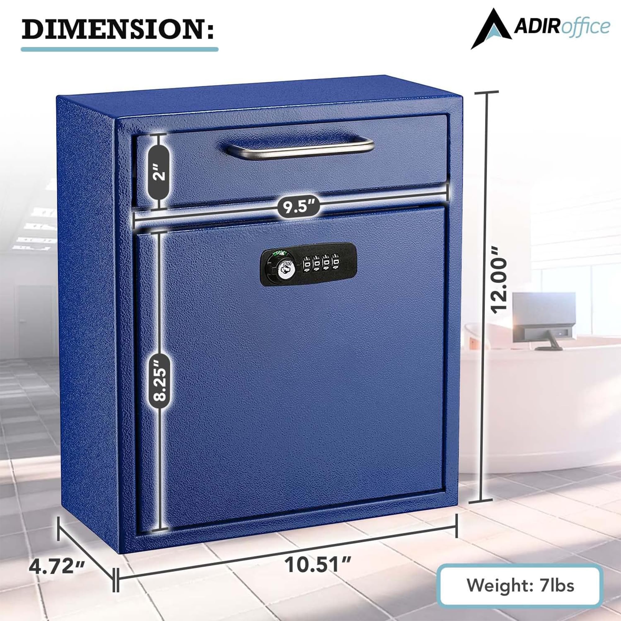 AdirOffice Ultimate Wall-Mounted Mailbox with Key Lock - Secure Drop Box for Mail, Packages & Payments - Durable Weatherproof Outdoor Mail Slot - Perfect for Home, Office & After-Hours Deposits (Medium, Blue)