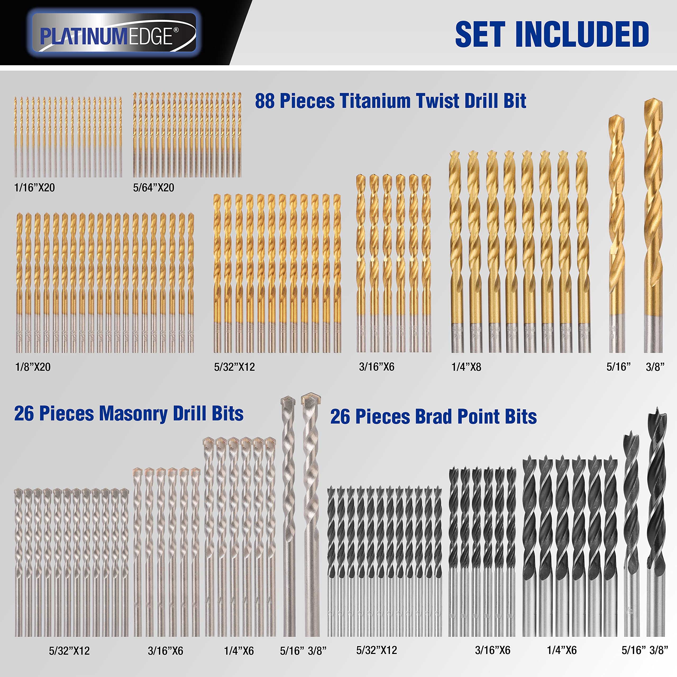 PLATINUMEDGE 140-Piece Multipurpose Drill Bit Set - 88PC Titanium Twist Drill Bits, 26PC Masonry Drill Bits for Brick & Concrete, 26PC Brad Point Drill Bits for Wood, Metal & Masonry - Durable Storage Case Included - Perfect for DIY Projects, Home Renovation & Professional Construction Work