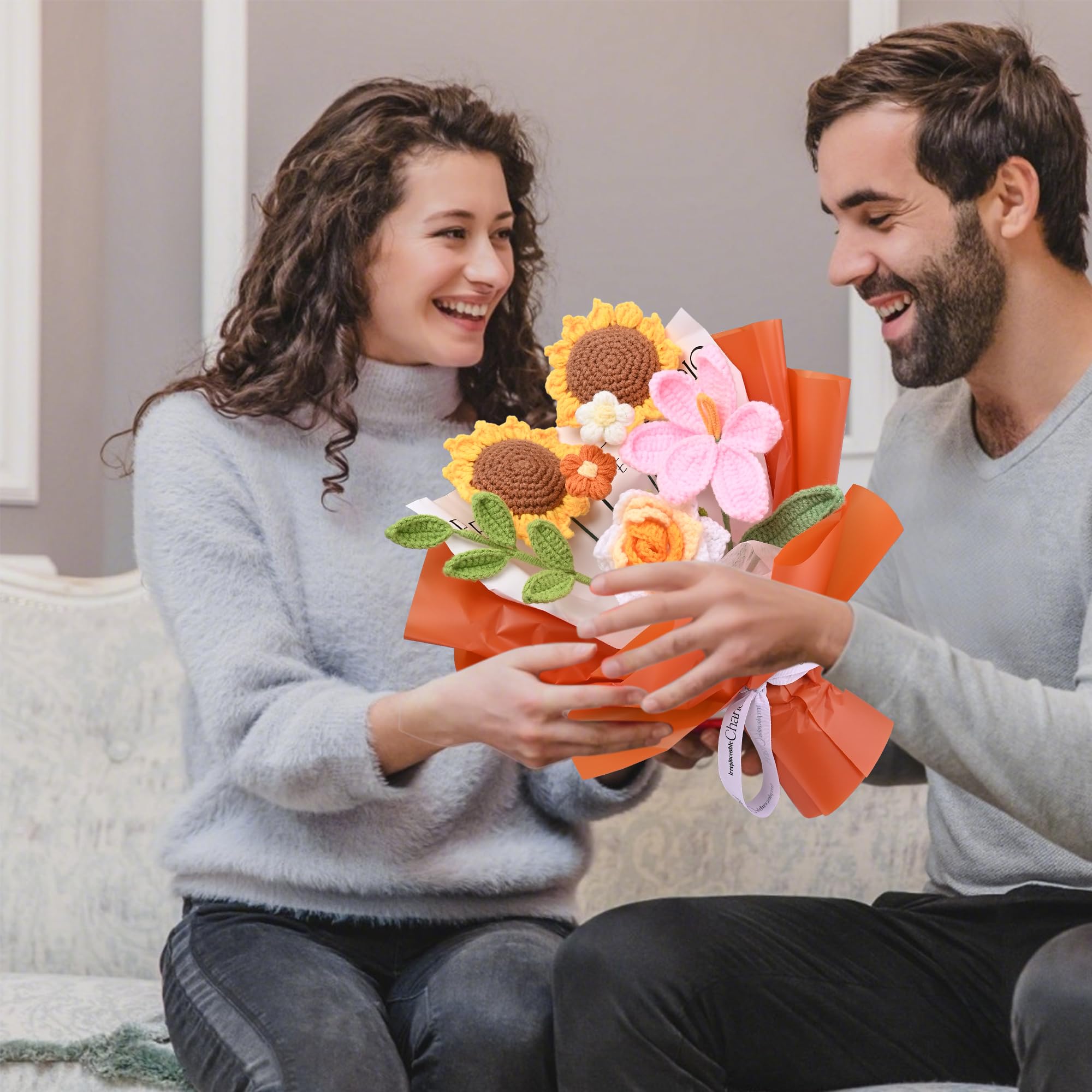 Handmade Crochet Flower Bouquet Gift Set - 7Pcs Tulips, Sunflowers & Roses Floral Arrangement for Women, Mom, Wife - Perfect for Anniversary, Graduation, Wedding Decor - Home & Office Decoration (Orange)