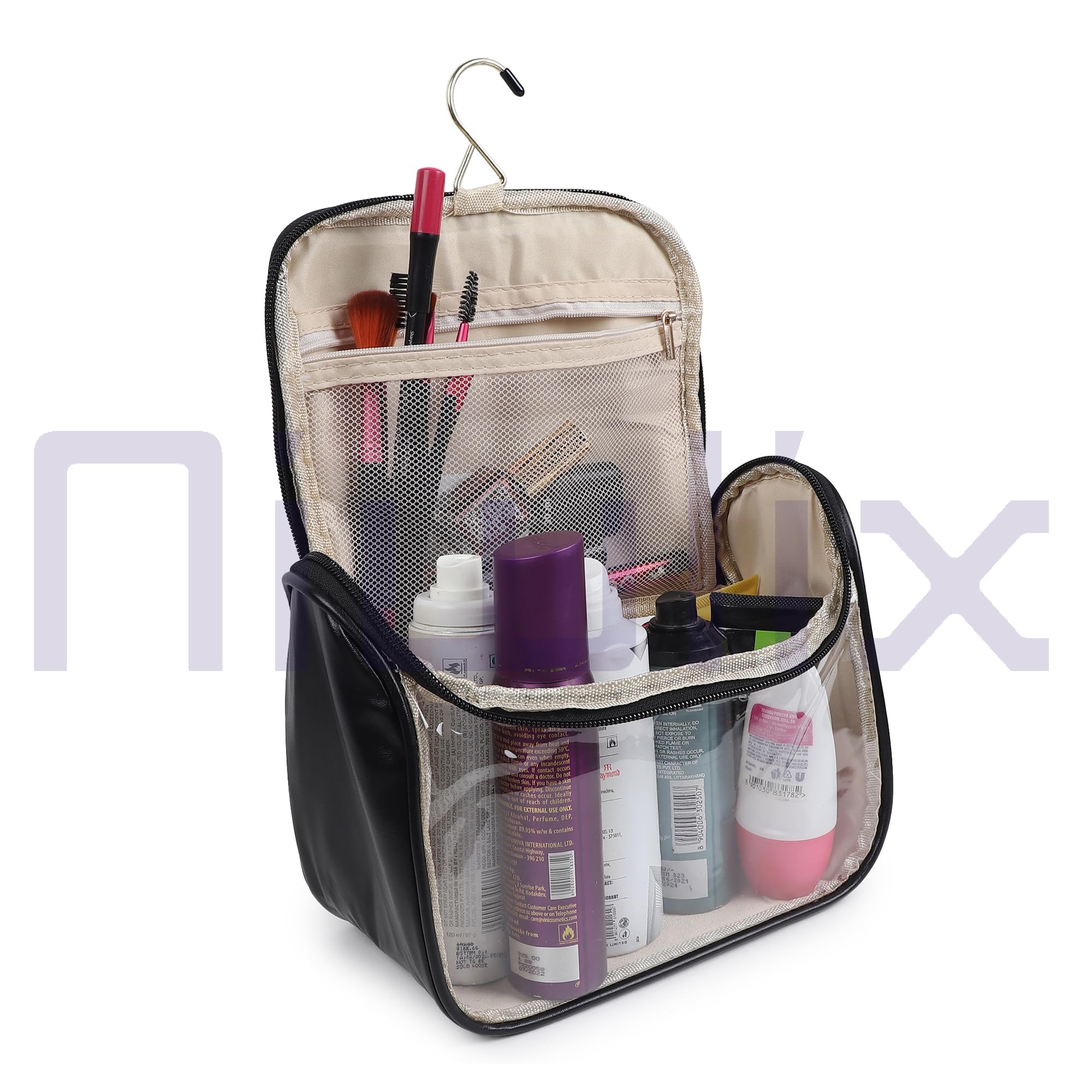 Niwlix Travel Makeup Pouch - Waterproof Cosmetic Organizer Bag for Women | Shower & Wash Bag | Perfect for Travel Essentials & Toiletries | Compact & Stylish Black Makeup Case for Vacation, Gym, and Daily Use