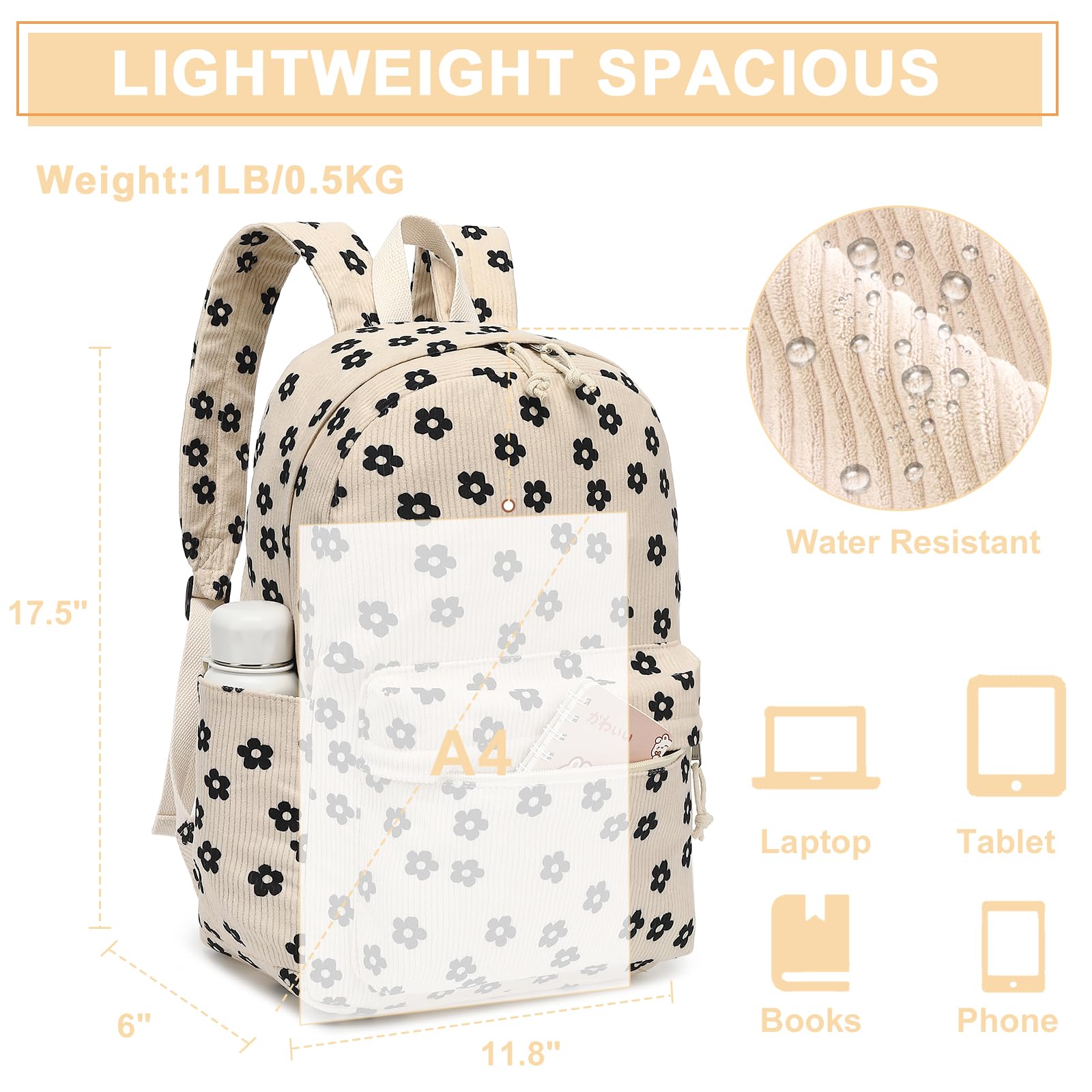 Bluboon Corduroy Backpack for Girls - School, Travel & Laptop Use
