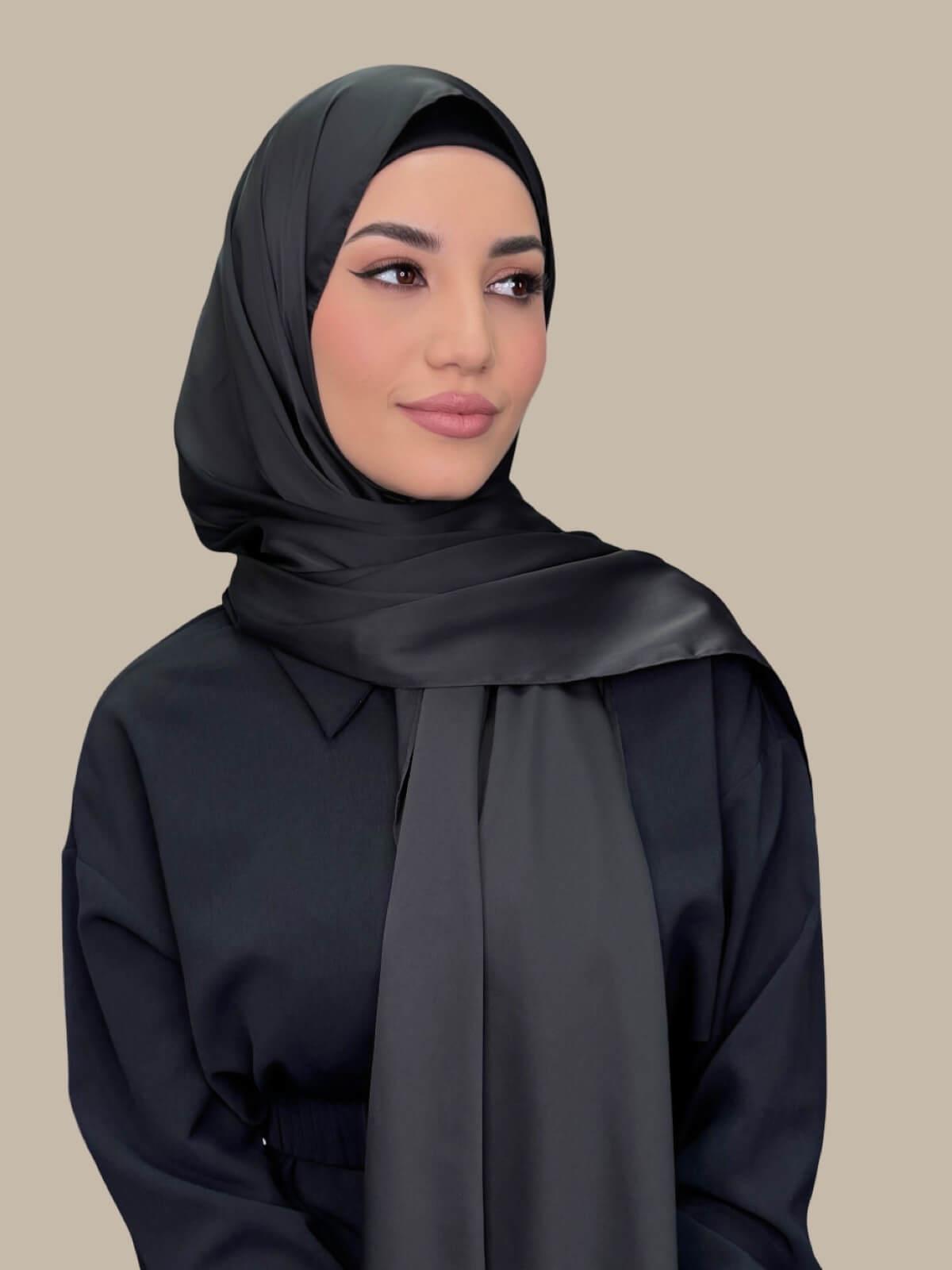 Luxury Satin Hijab Scarf - Soft & Breathable Muslim Headscarf for Women - Elegant Coal Black - Perfect for Daily Wear, Prayer, and Special Occasions
