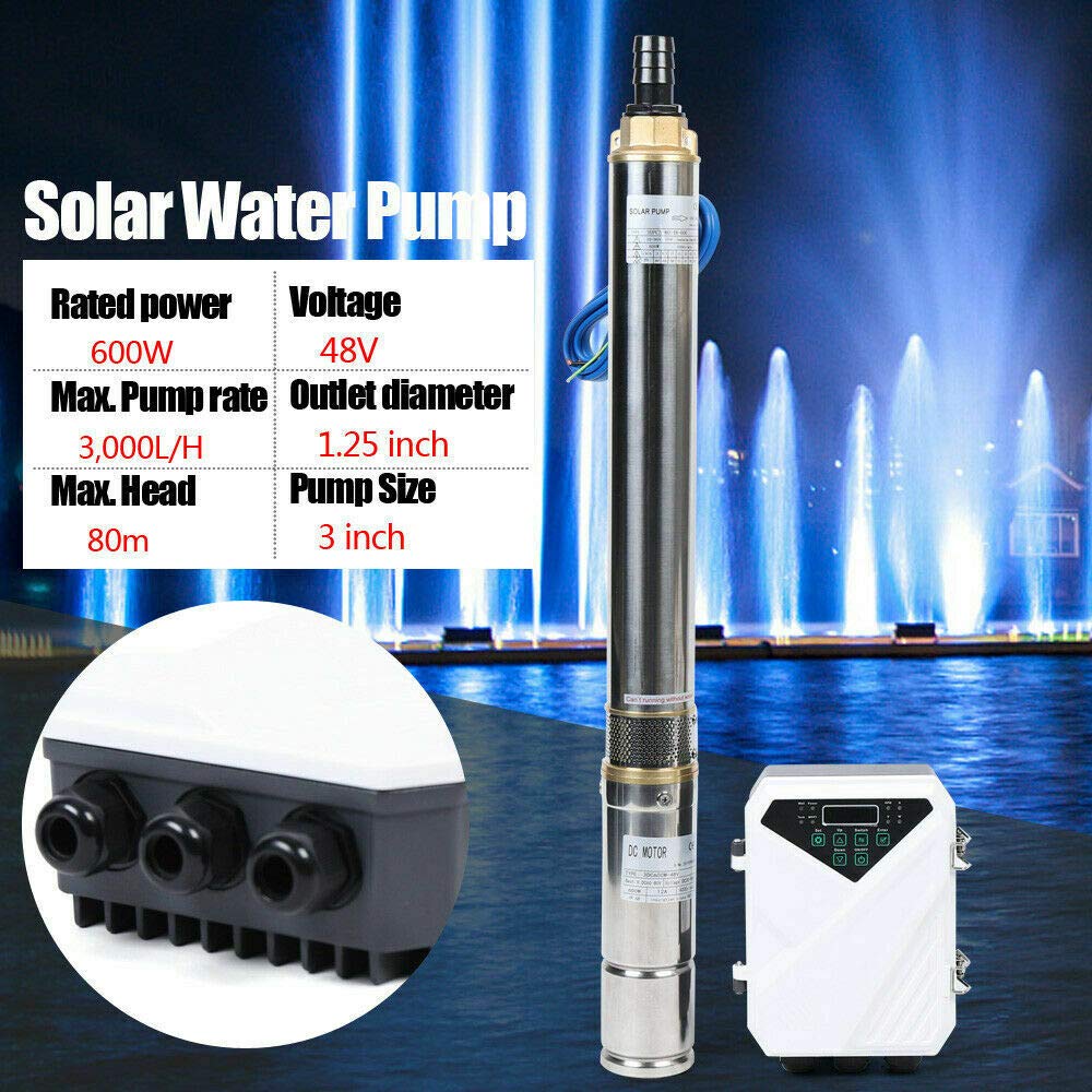 TFCFL 3 Inch DC Solar Water Pump 48V 600W Deep Well Submersible Pump with MPPT Controller - Stainless Steel Submersible Well Pump for Home & Industrial Use - Max Head 80m, 3000L/H Flow Rate - Perfect for Off-Grid Water Supply, Irrigation, and Livestock Watering