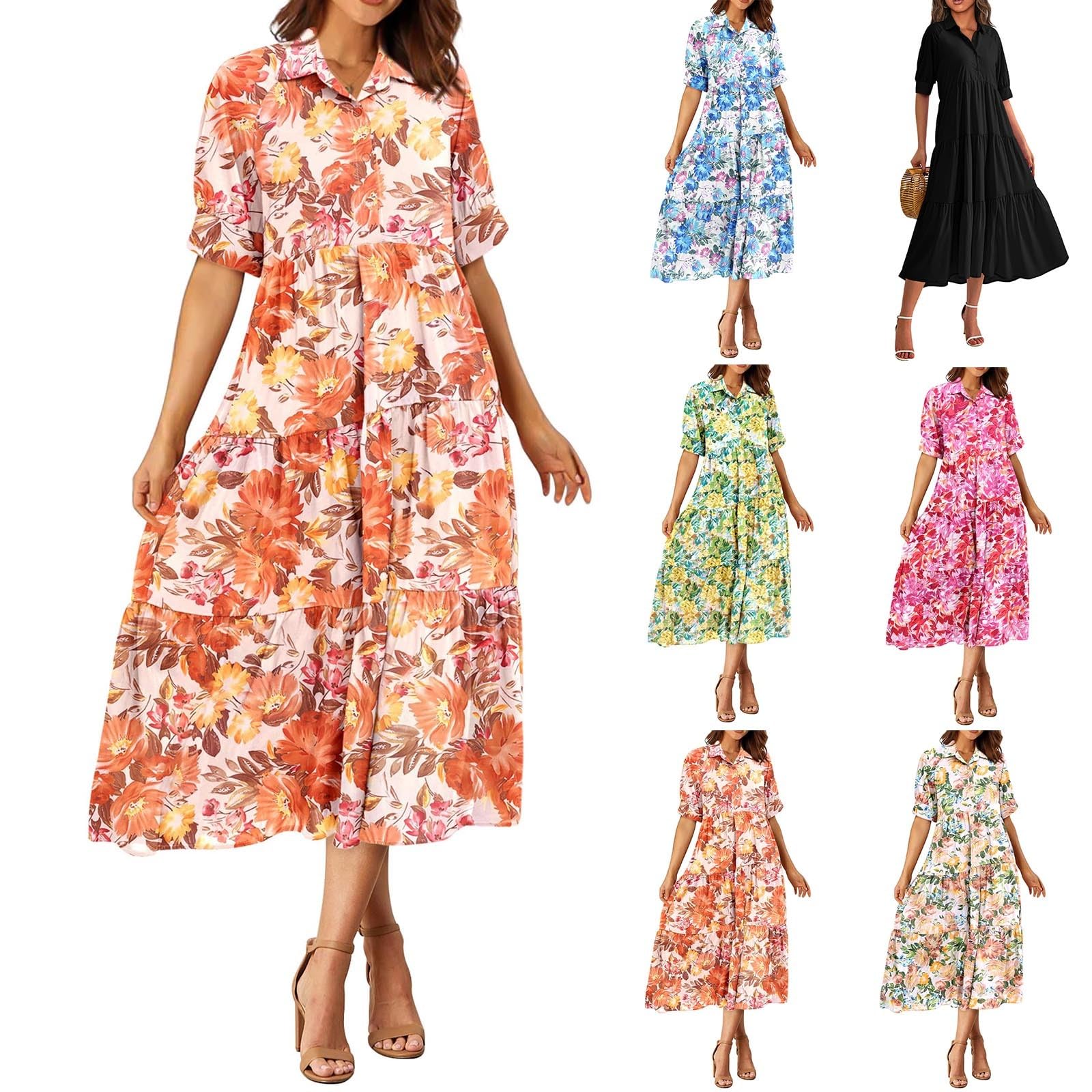 Women's Summer Floral Maxi Dress - Short Sleeve Button Up Tiered Ruffle Boho Sundress | A-Line Flowy Babydoll Dress for Beach, Vacation & Casual Wear