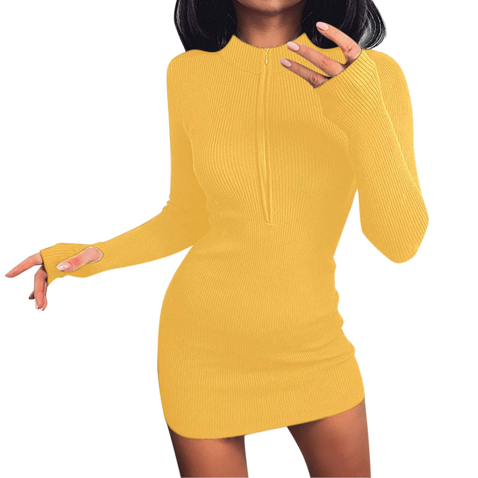 Sexy Women's Bodycon Mini Dress - Long Sleeve Ribbed Zipper Pencil Dress for Night Out, Party & Club Wear | Casual Sheath Jumper Dress for Date Night & Special Occasions