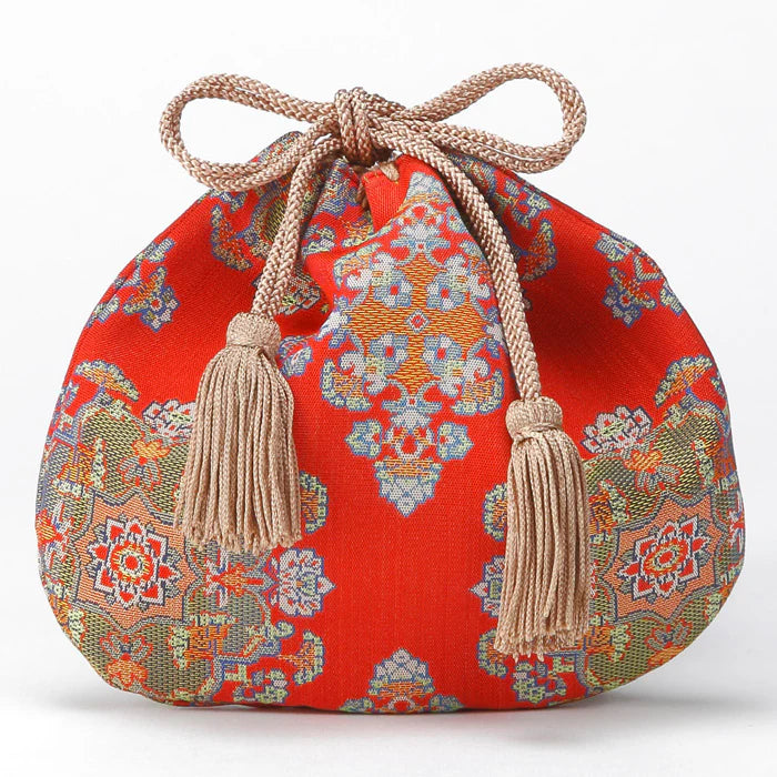 Nishijin Woven Small Drawstring Bag - Floral & Red - Handmade in Kyoto Japan - Traditional Japanese Craft Purse - Perfect for Gift, Cosmetics & Jewelry Storage