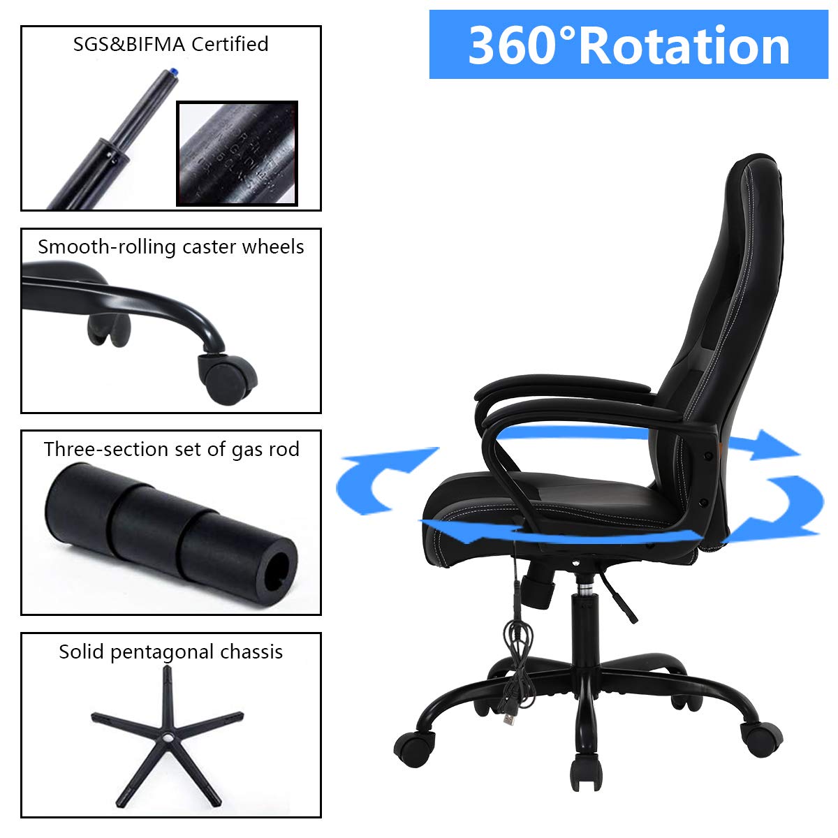 Ergonomic High Back Office Gaming Chair with Lumbar Support & Massage - PU Leather Executive Desk Chair with Adjustable Armrests & Swivel Base for Home Office, PC Gaming, and Workstation Use - Black