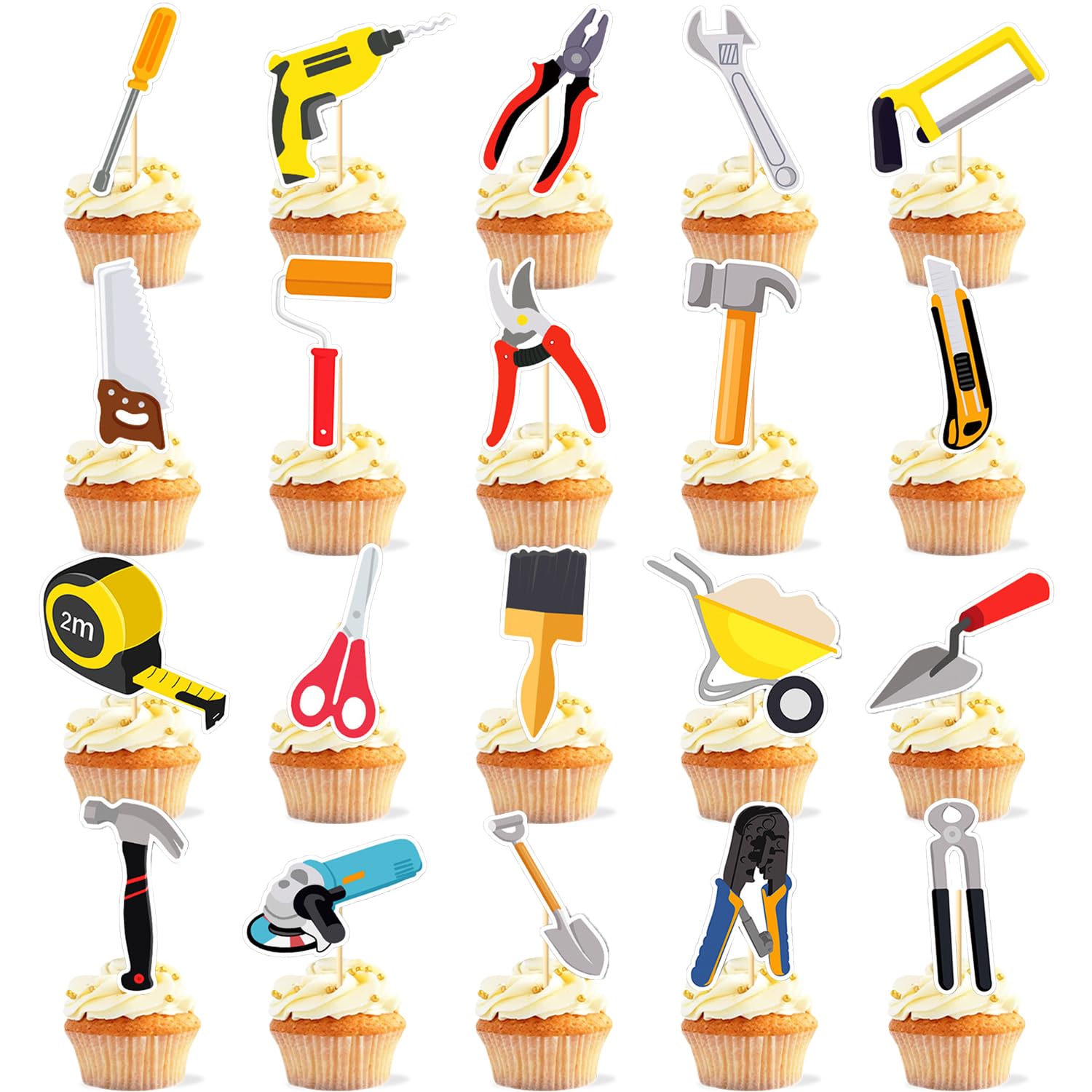 51-Piece Cupcake Toppers Set - Musical Instruments & Tools Theme (Hammer, Screwdriver, Pliers, Electric Drill) for Kids Birthday, Baby Shower, 1st & 2nd Birthday Parties - Cake Decorations & Party Supplies for DIY Baking & Celebrations