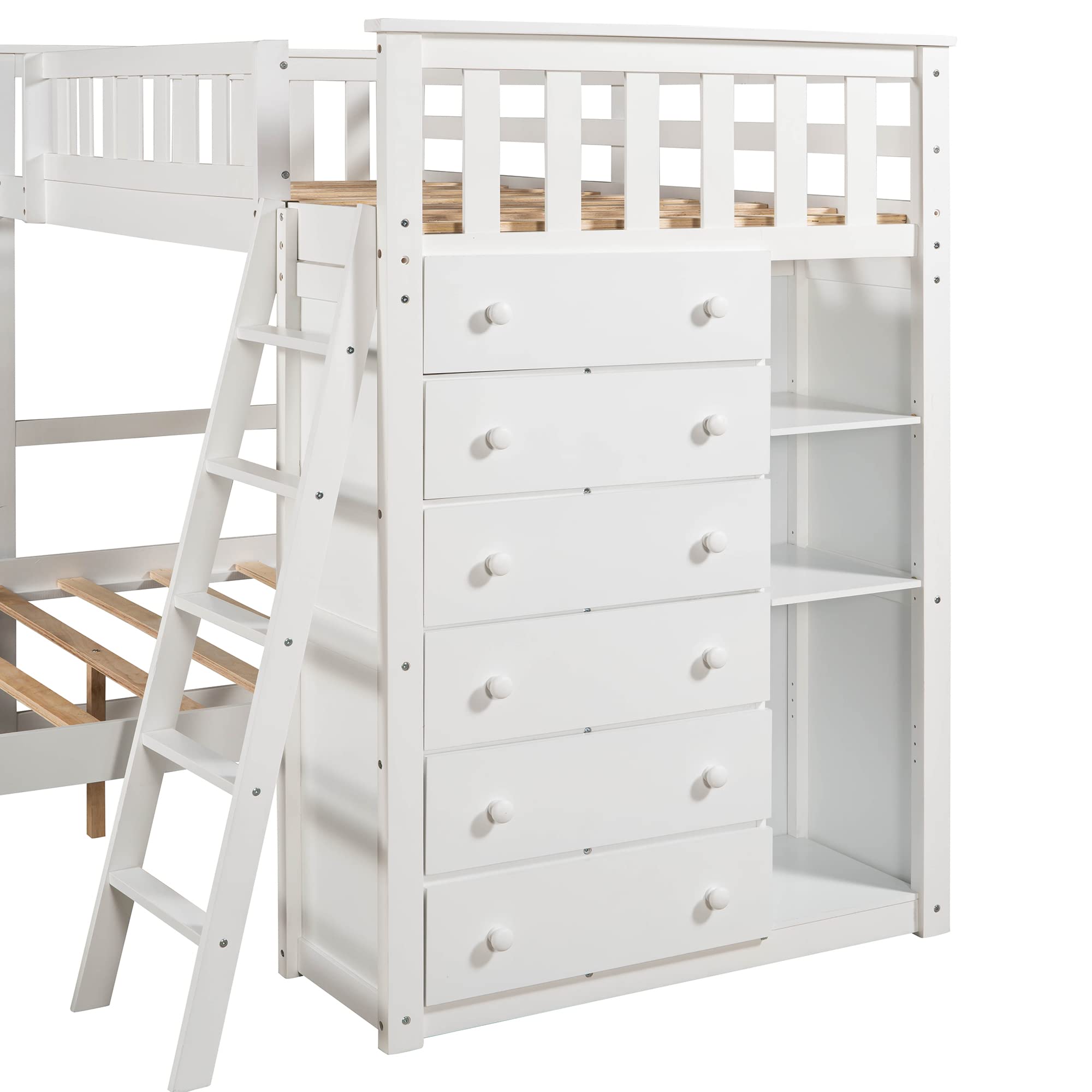 **Wooden Bunk Bed for Kids, Teens & Adults - Twin Over Full Size with 6 Drawers, Flexible Shelves & Wheels - No Box Spring Needed - White & Wheels01 - Perfect for Small Rooms, Dorms & Shared Spaces**