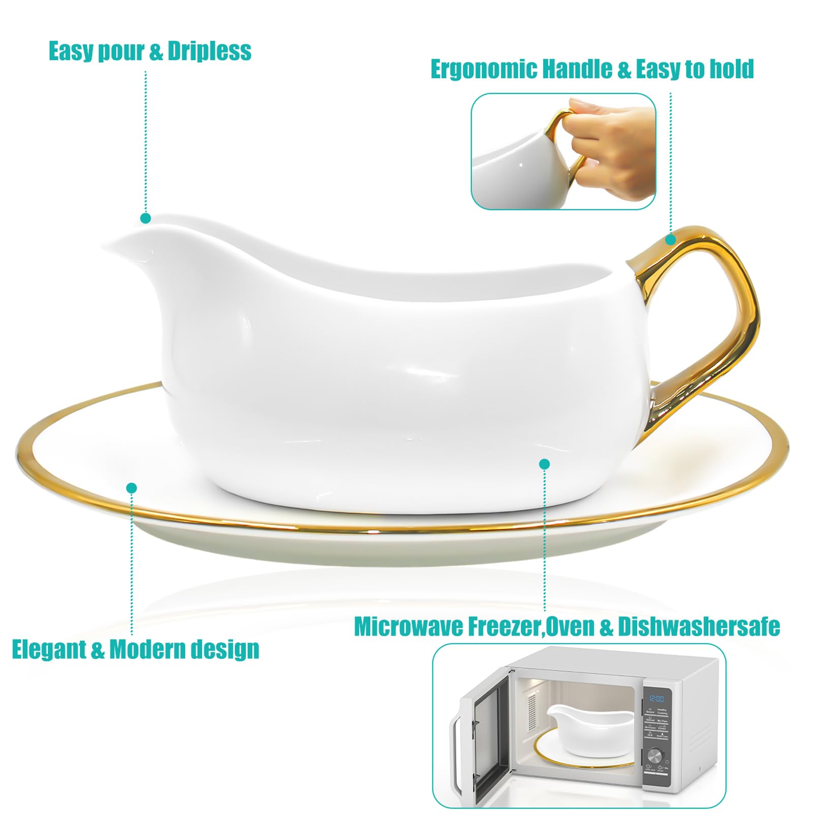 White Ceramic Gravy Boat with Gold Trim - Dripless Spout for Sauces & Dressings - Kitchen Serving Essential