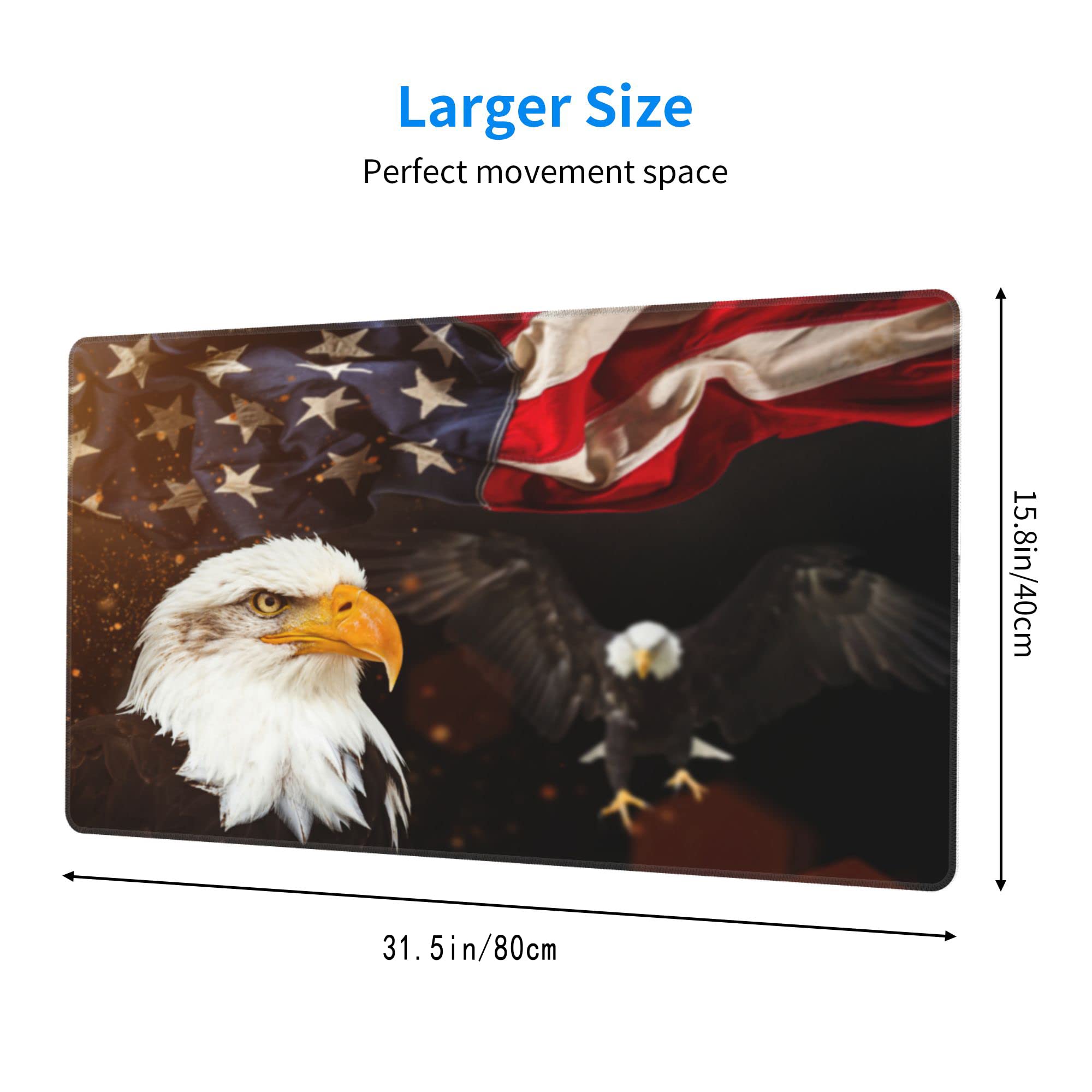 American Flag Eagle Large Gaming Mouse Pad - 31.5x15.7 Inch Non-Slip Rubber Base Desk Mat with Stitched Edges for PC, Laptop, Office & Gaming | Perfect for Workstations, Esports & Home Office Setup