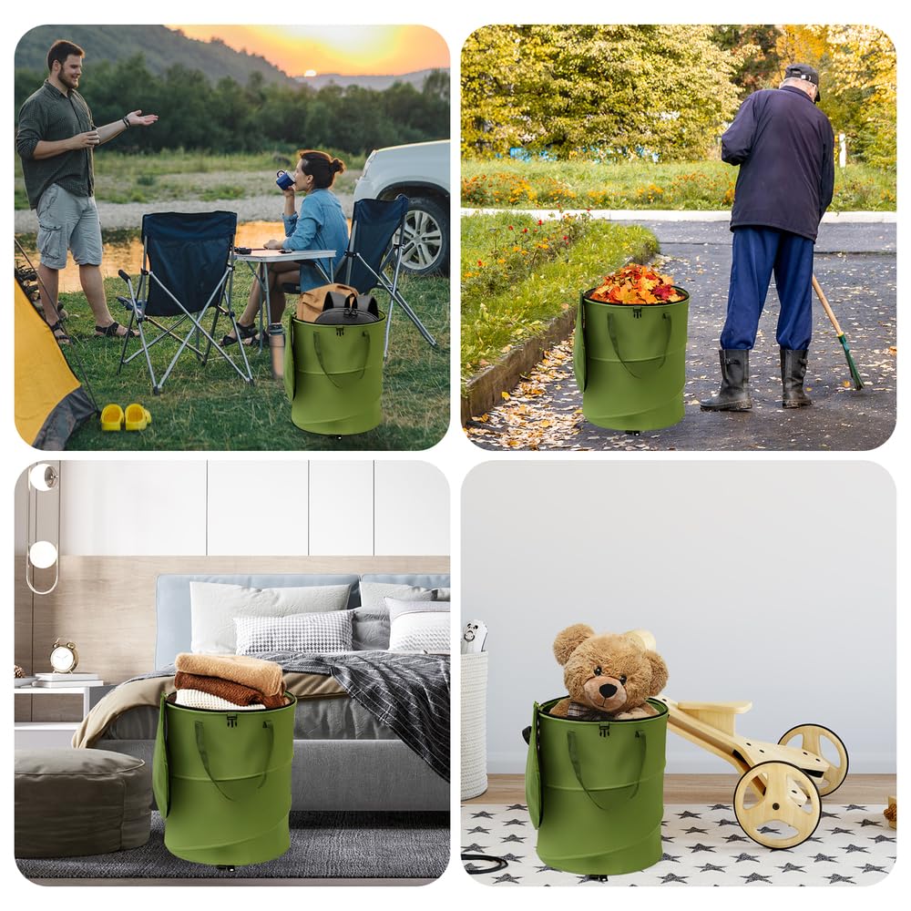 Collapsible Pop Up Trash Can 10 Gallon - Portable Outdoor Recycling Bin with Clip & Zip Lid, 600D Oxford Cloth Yard Waste Bag (13.8x15.8 Inch) - Ideal for Camping, Picnics, Beach, Backyard & RV Use (Green, 1 Pack)