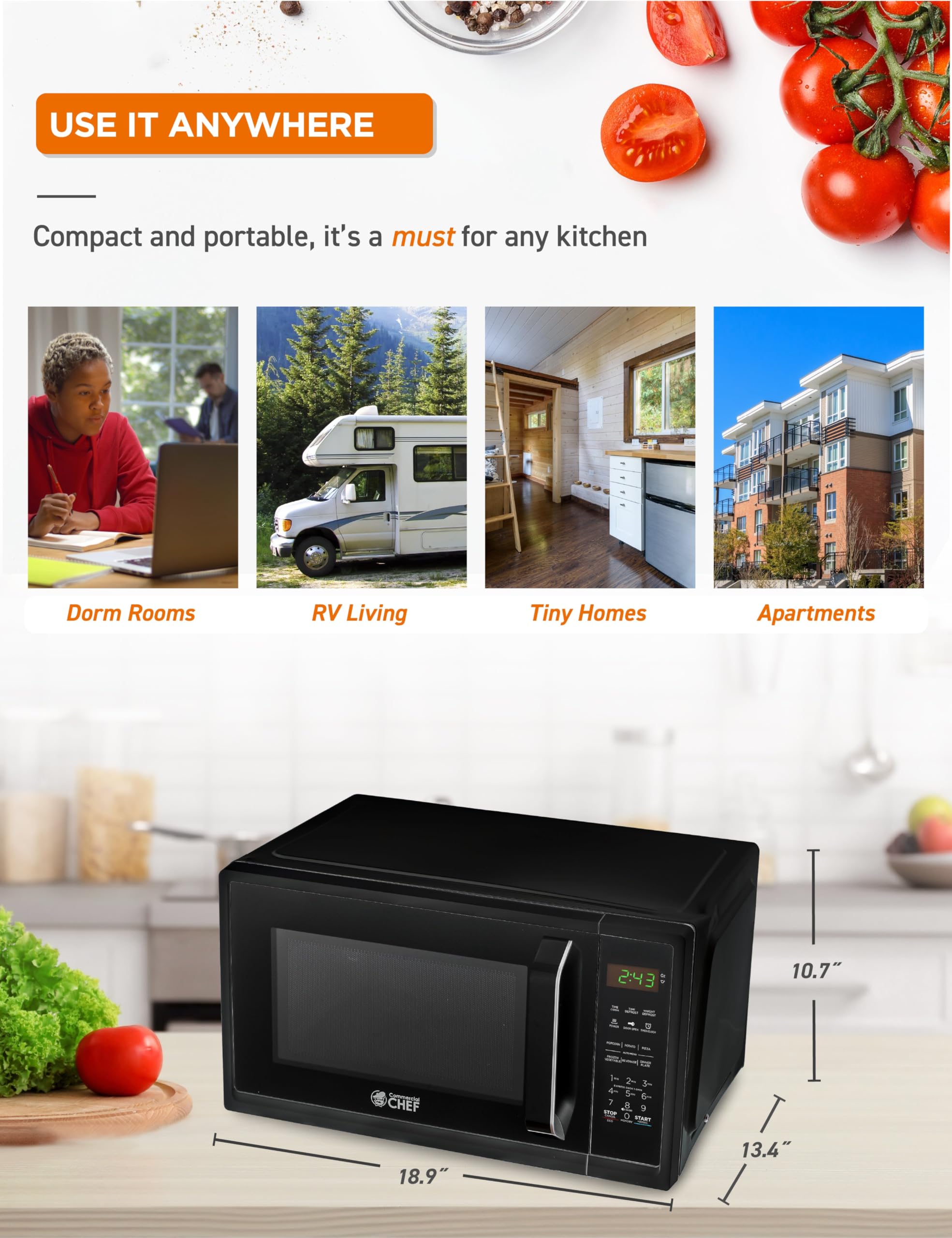 Commercial Chef 0.9 Cu Ft Compact Microwave Oven - 900W Countertop Microwave with 10 Power Levels, Digital Display, Safety Lock & Kitchen Timer - Perfect for Dorms, Offices & Small Kitchens - Black