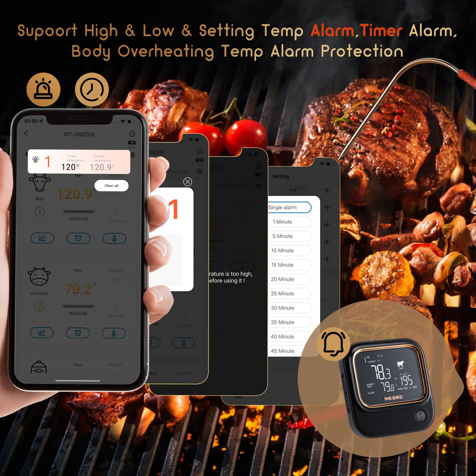 Inkbird IBT-26S 5GHz WiFi & Bluetooth 5.1 Wireless Meat Thermometer with 4 Probes - Smart BBQ Grill Thermometer for Smoking, Grilling, Roasting - APP Control, Alarm Timer, Backlit LCD, Rechargeable Battery - Perfect for Outdoor Cooking, Backyard Parties & Home Kitchen Use