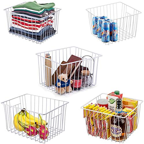 Slideep 11'' Farmhouse Freezer Organizer Baskets - Set of 6 White Metal Wire Storage Bins with Built-in Handles for Refrigerator, Kitchen, Pantry & Bathroom Organization | Perfect for Food Storage, Cabinet Organization & Home Decluttering