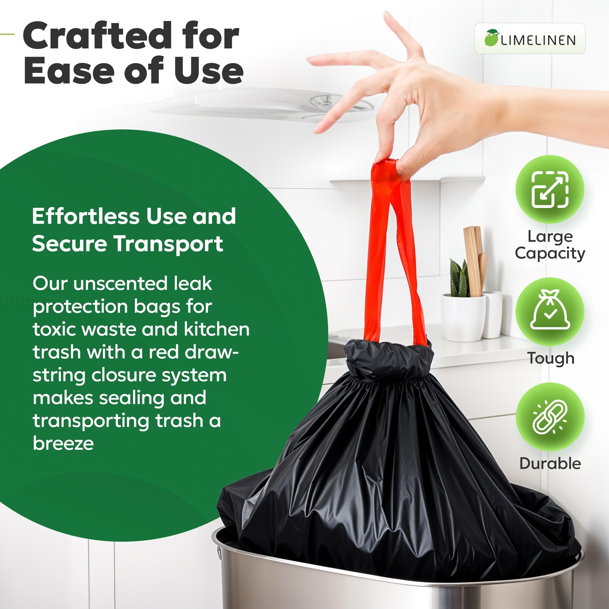 LIMELINEN 30 Gallon Heavy Duty Trash Bags - 400 Count, 1.2 Mil Extra Thick Drawstring Garbage Bags | Leak Proof & Odor Resistant | Large Plastic Bags for Office, Home, Hospital & Outdoor Bins | Perfect for Kitchen Waste, Yard Cleanup & Commercial Use