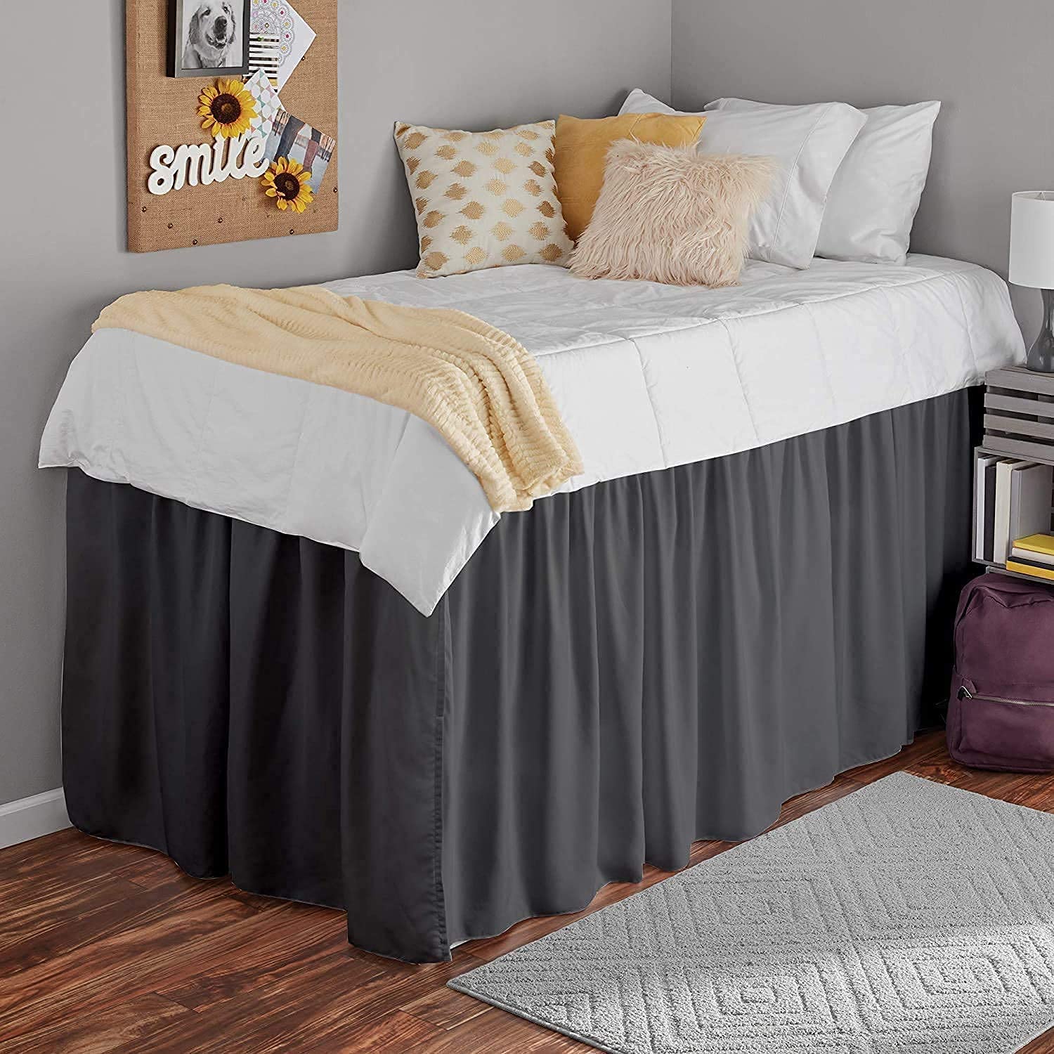 Dark Grey Ruffled Bed Skirt for Twin XL Dorm Beds - 36 Inch Drop with 3-Sided Fabric Coverage | Perfect for College Dorm Rooms & Small Space Bedding