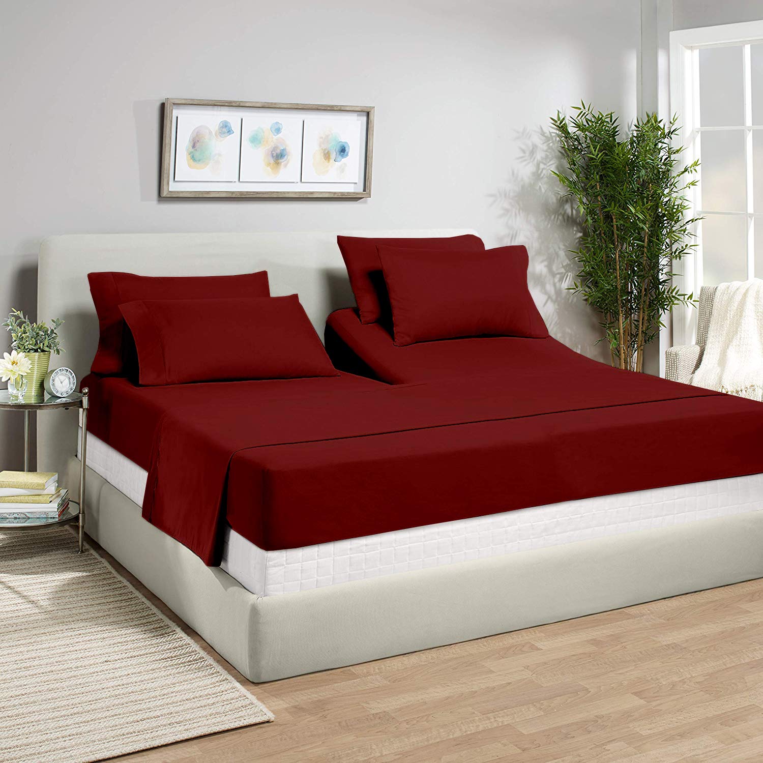 Split King Sheets Set for Adjustable Beds - 100% Cotton Burgundy Solid 15'' Deep Pocket 400-Thread-Count Split Top King Bed Sheets - Perfect for Adjustable Beds, Sleep Number Beds, and Couples with Different Sleep Preferences