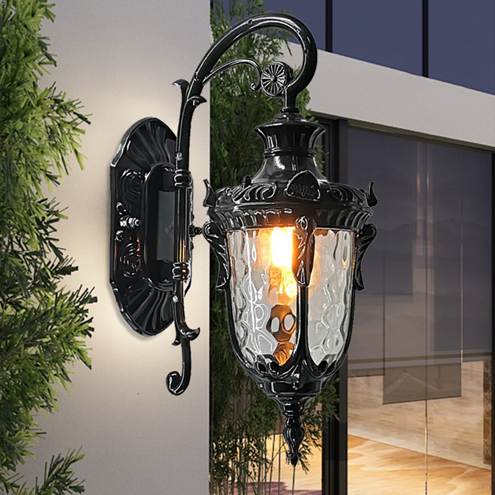 TFCFL Outdoor Industrial Wall Light Fixtures - Waterproof Exterior Wall Sconce with Hammered Glass Shade, Black Porch Lights for House, Barn, Garage & Patio Lighting