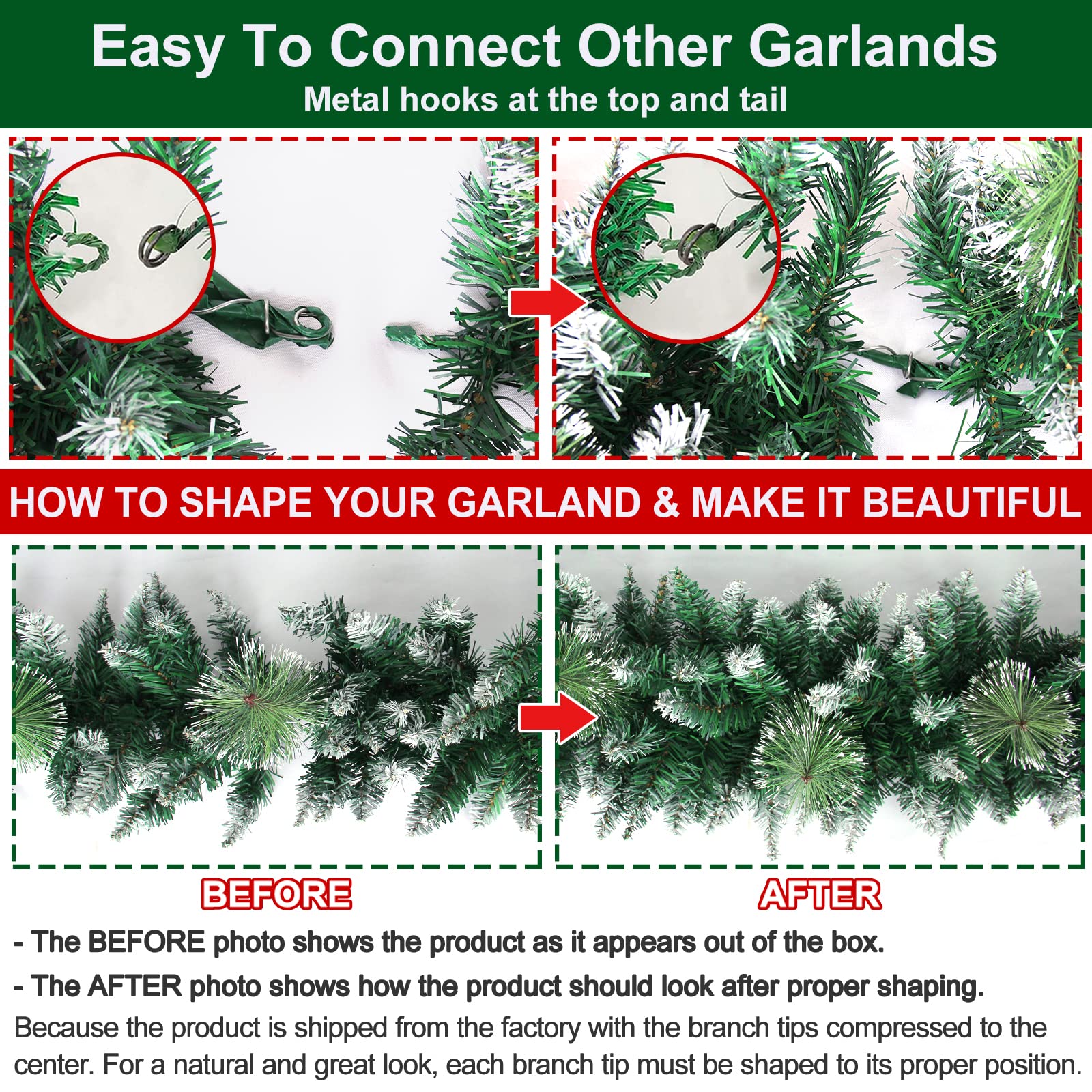 9FT Pre-Lit Christmas Garland with 100 Warm White LED Lights - Battery Operated Snowy Cedar Bristle Garland with Timer - Waterproof Outdoor Christmas Decor for Mantle, Staircase & Holiday Parties