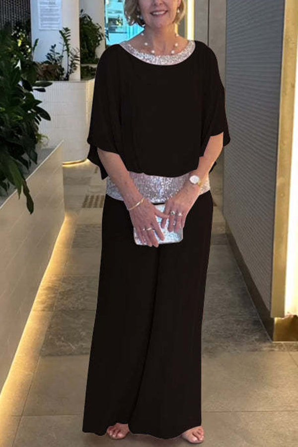Trendy Sequin Patchwork Dolman Sleeve Blouse & Stretchy Waist Wide Leg Pants Set for Women | Party Outfit, Club Wear, Evening Attire, Special Occasion Fashion