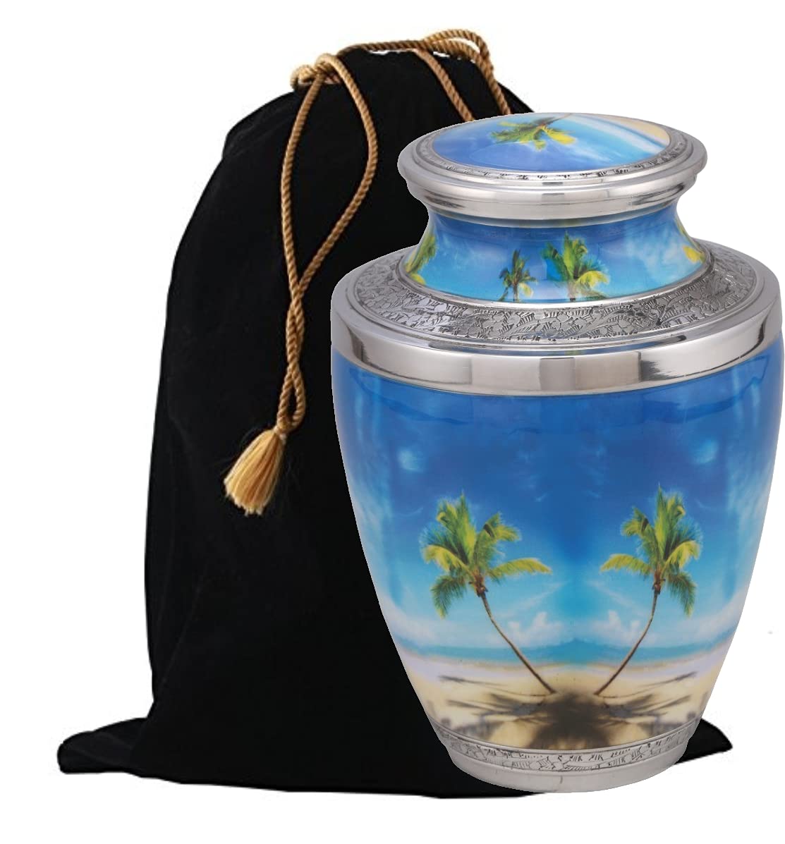 Handcrafted Metal Cremation Urn with Free Velvet Bag - Elegant Beach Design for Ashes Keepsake - Perfect for Memorial Services & Home Display