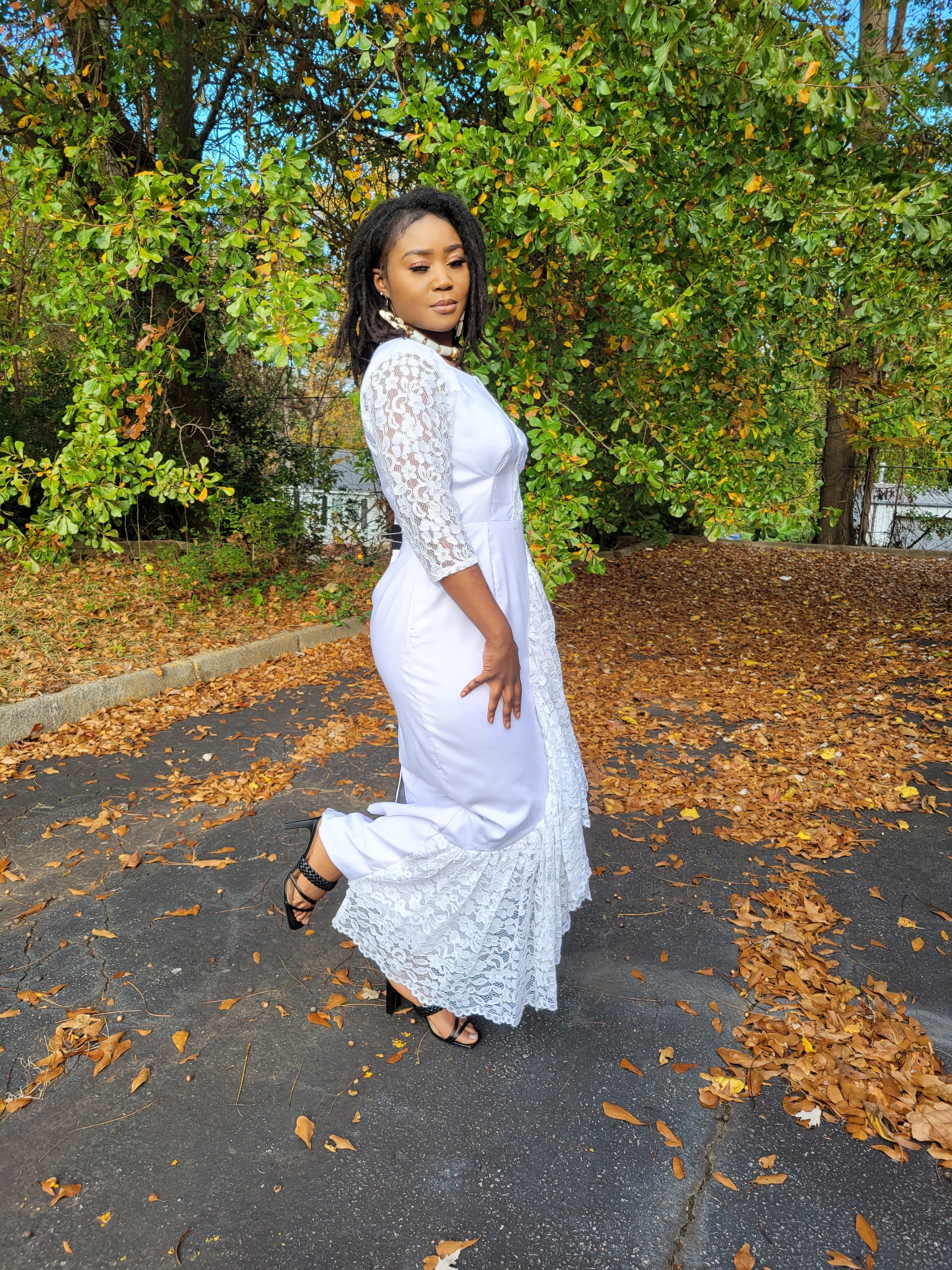 Ayabawa Elegant White African Dress with Lace Trim - Traditional Ankara Midi Dress for Women | Perfect for Weddings, Church, Parties & Cultural Events (Style DP7020)