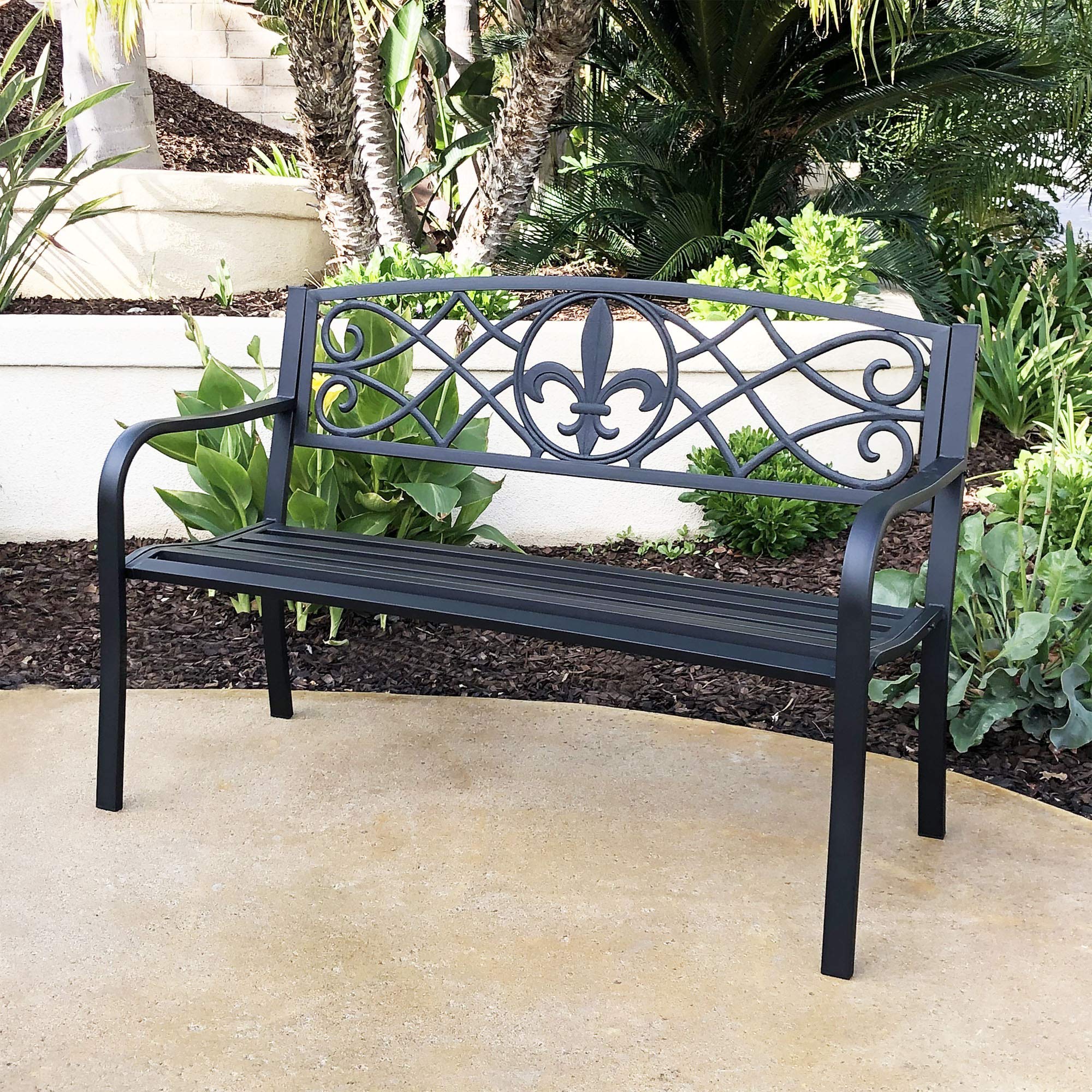 4.1 Ft Steel Frame Garden Bench - Outdoor Patio Chair for Yard, Park & Backyard - 2-Person Loveseat with Shuttlecock Design Backrest & Slatted Seat - Durable Outdoor Furniture for Gardens, Decks, Porches & Poolside Areas