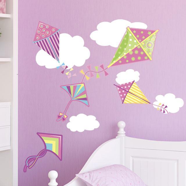 Girls Room Wall Decor - Kites & Clouds Removable Wall Decals for Nursery, Bedroom & Playroom - Cute DIY Wall Stickers for Kids