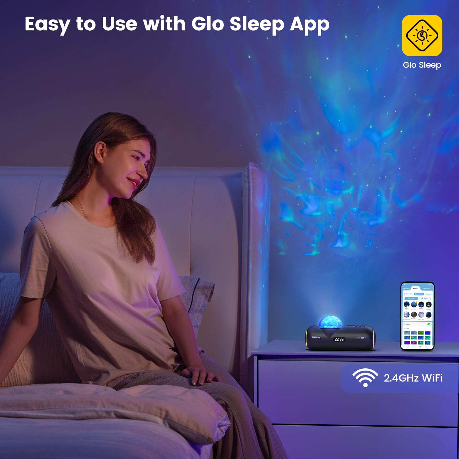 Glocusent Galaxy Star Projector with White Noise Machine & Bluetooth Speaker - 60 Soothing Sounds for Deep Sleep, Baby Nursery & Meditation | HiFi Audio, App Control (2.4G WiFi) | Perfect for Bedroom, Kids Room & Relaxation Spaces