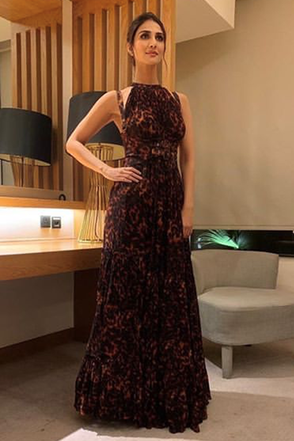 Vaani Kapoor Stone Print Tiered Maxi Dress with Bracelet - Elegant Boho Chic Women's Long Dress for Summer, Beach, Parties & Special Occasions