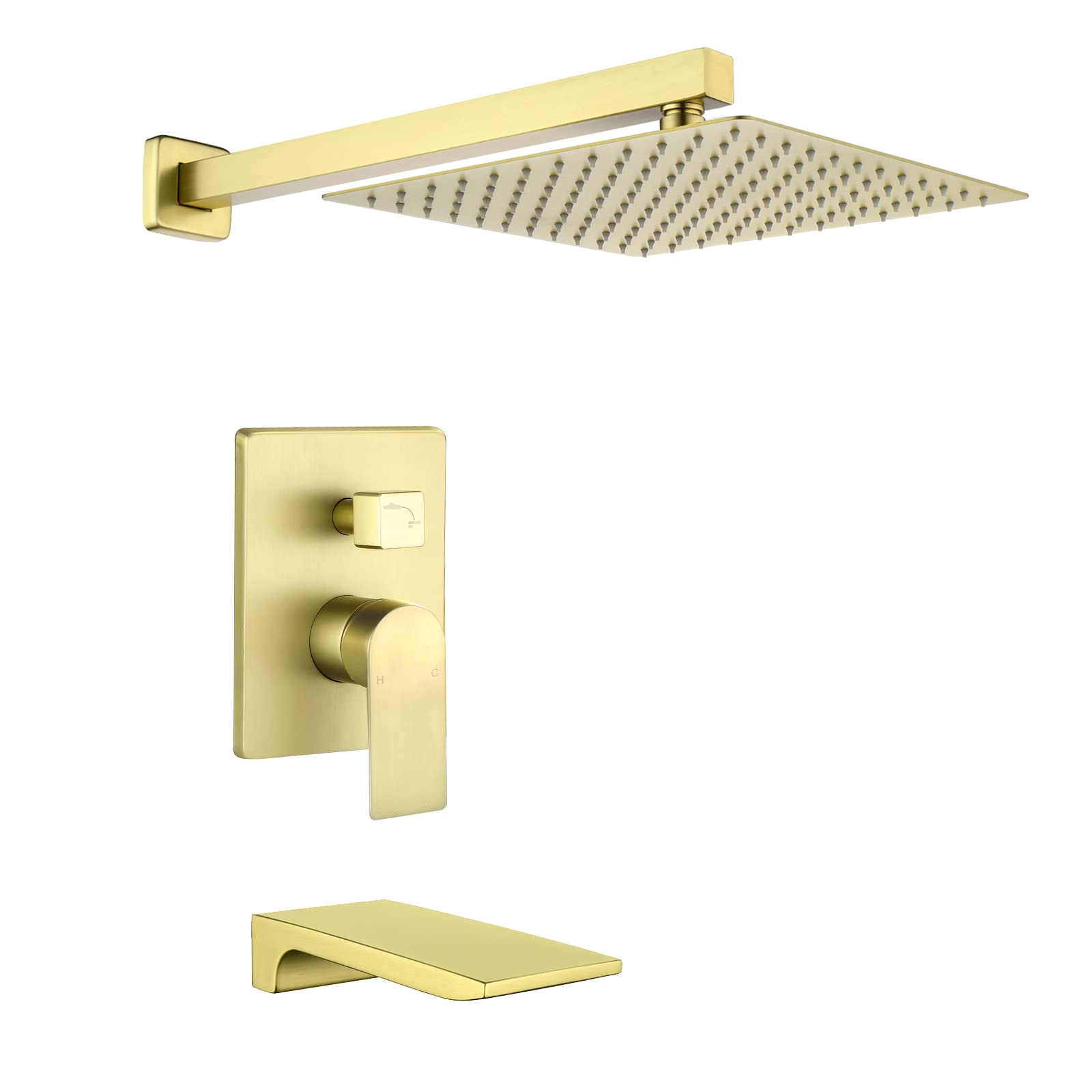 Premium Brushed Gold Shower Faucet Set with Waterfall Tub Spout - Complete Shower System with Rough-in Valve & Trim Kit (Model 6018BG) for Luxurious Bathroom Upgrade - Perfect for Master Bathrooms, Spa Retreats & Modern Home Renovations