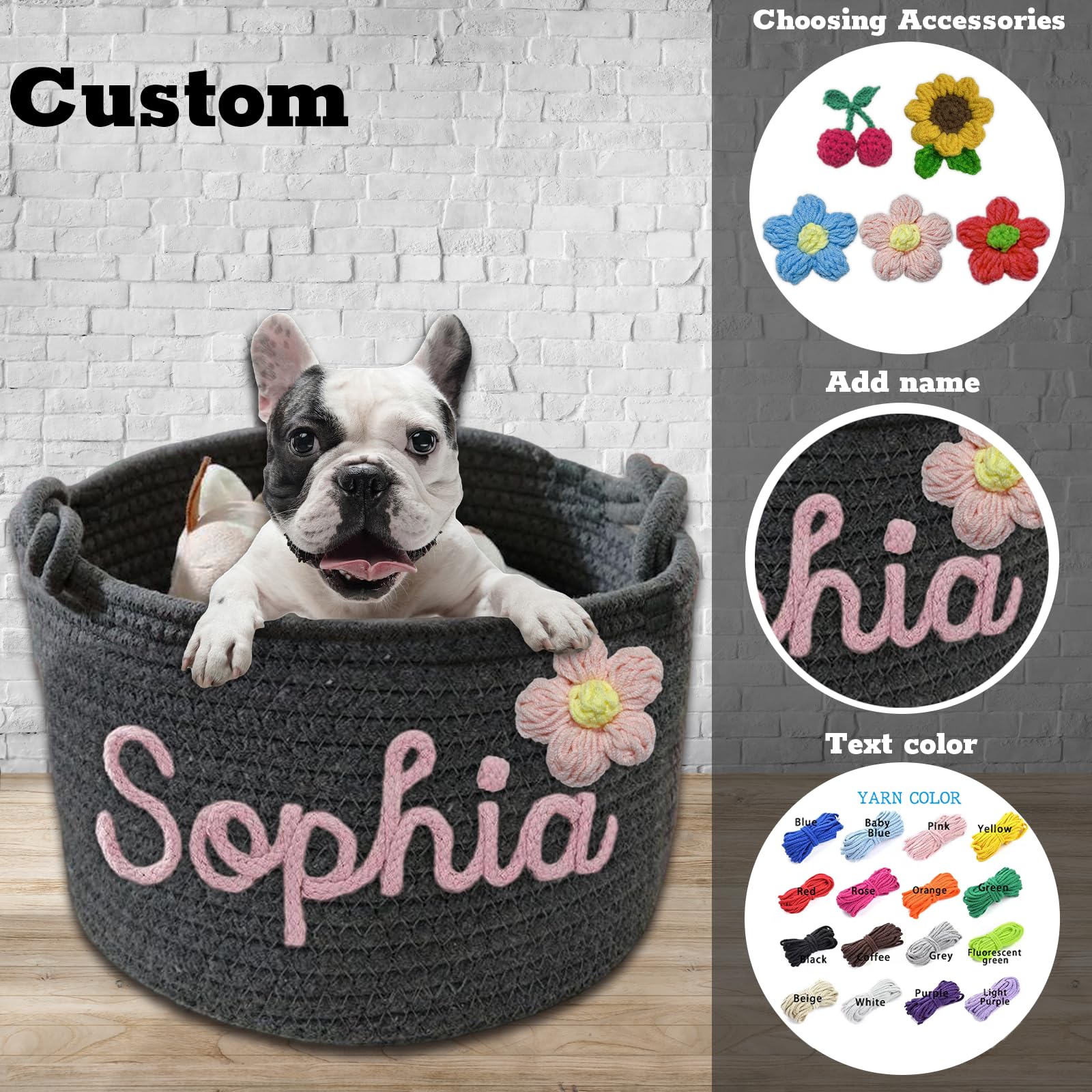Personalized Dog Toy Basket - Custom Rope Woven Pet Storage Organizer with Handles & Name Embroidery - Cute Toy Bin for Dogs & Cats (Pink) - Perfect for Pet Room Organization & Toy Storage