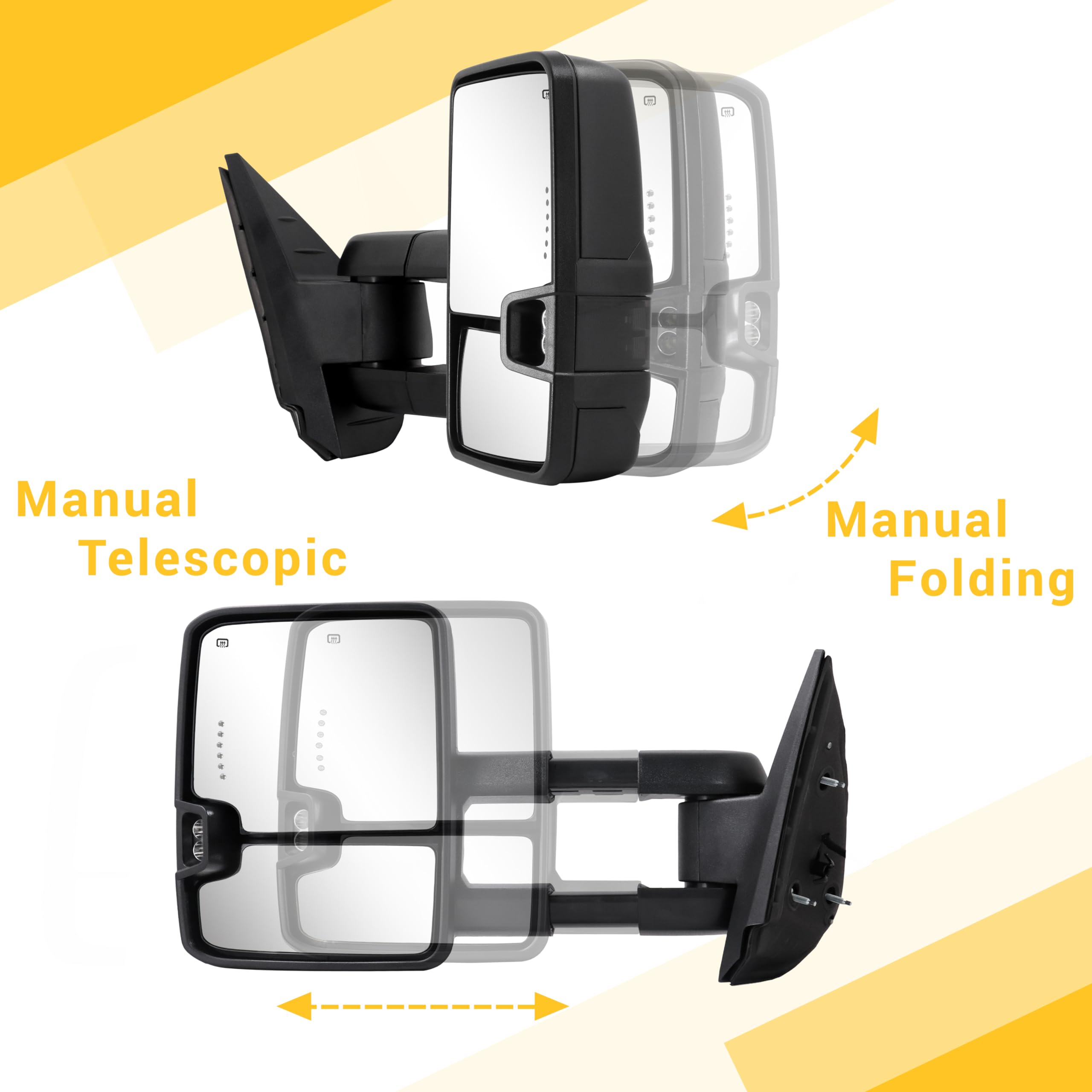 2007-2013 Chevy Silverado Suburban Tahoe GMC Sierra Yukon Towing Mirrors with Switchback Dynamic Turn Signal, Running Lights, Power Glass & Heated Backup Lamps - Black Textured - Perfect for Towing, Night Driving & Winter Conditions