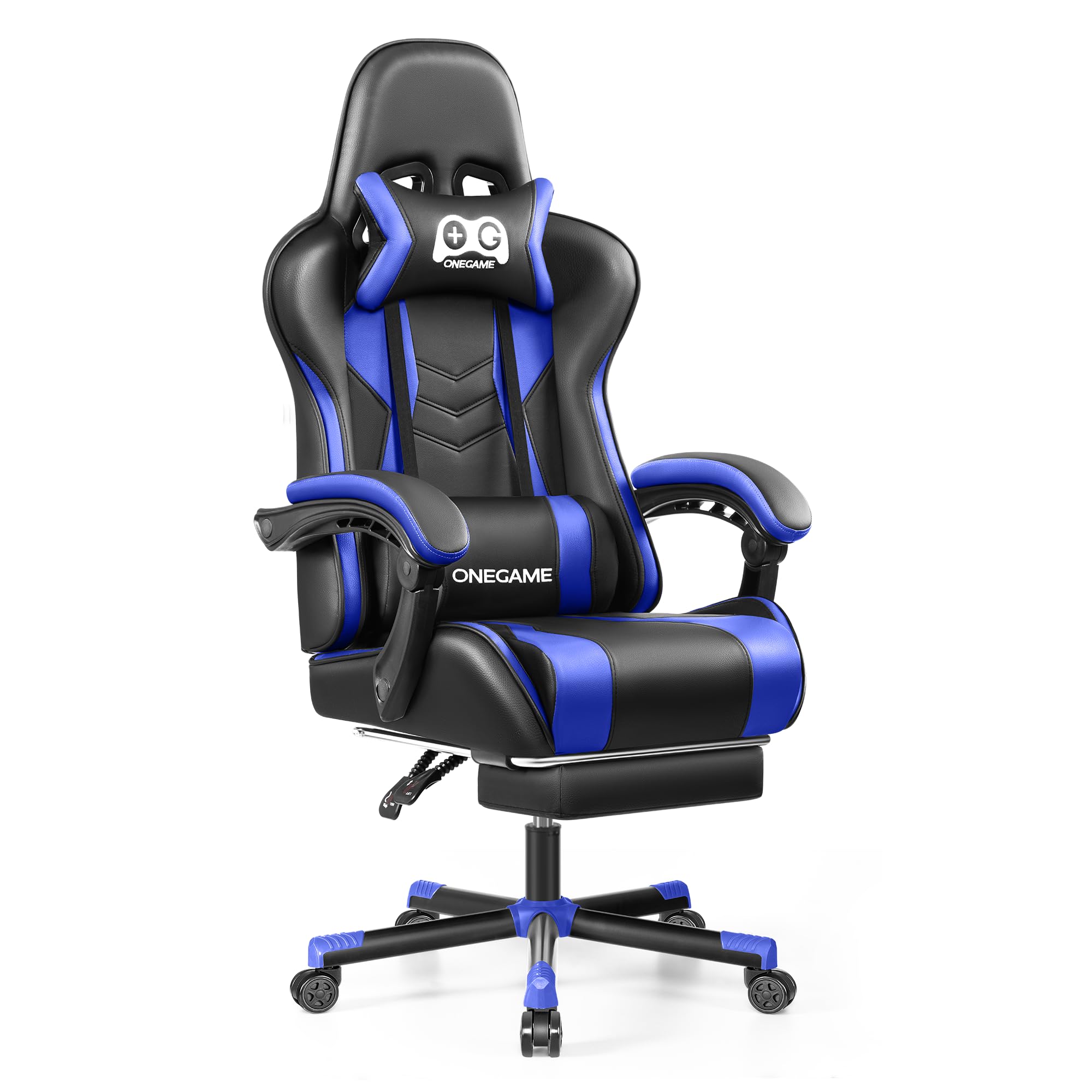 OneGame Ergonomic Gaming Chair with Footrest - High Back PU Leather Racing Style Computer Chair for Home Office - Adjustable Height Video Game Chair (Black/Blue) - Perfect for Esports, Streaming & Long Gaming Sessions