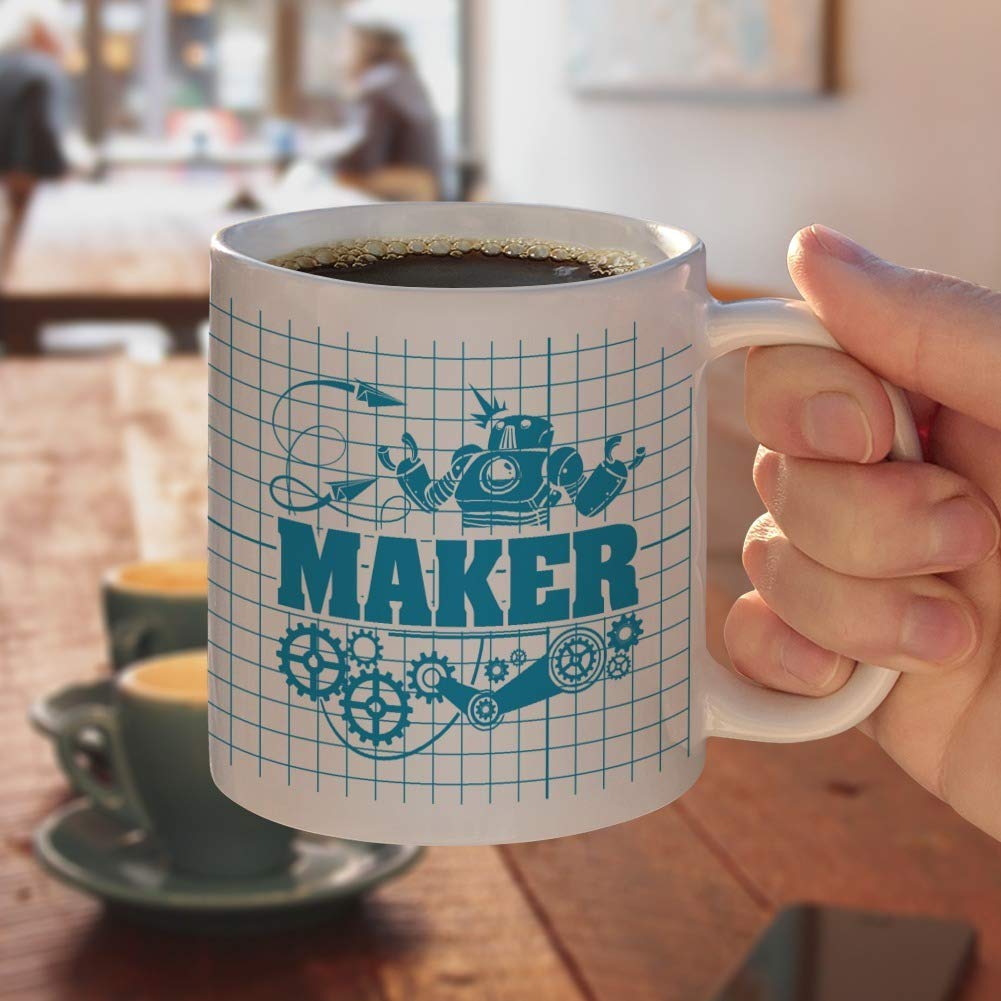 Robot and Gears Ceramic Coffee Mug - 11oz White Novelty Gift for Coffee, Tea & Hot Drinks - Perfect for Office Use, Engineer Gifts & STEM Enthusiasts