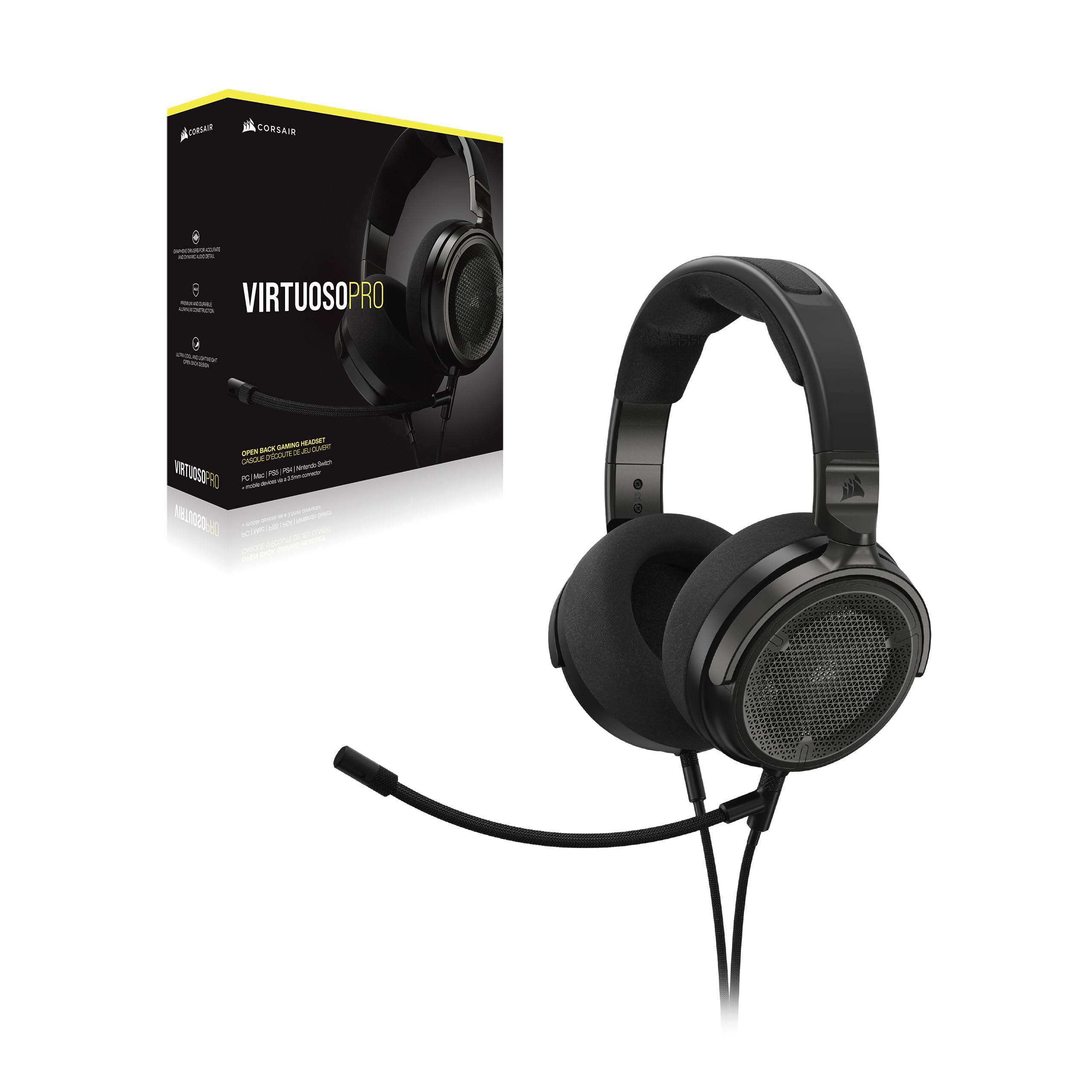 Corsair Virtuoso PRO Wired Open Back Gaming Headset with Detachable Unidirectional Microphone - 50mm Graphene Drivers - 20Hz-40kHz Frequency Response - Carbon Finish - Perfect for Competitive Gaming, Streaming & Music Production