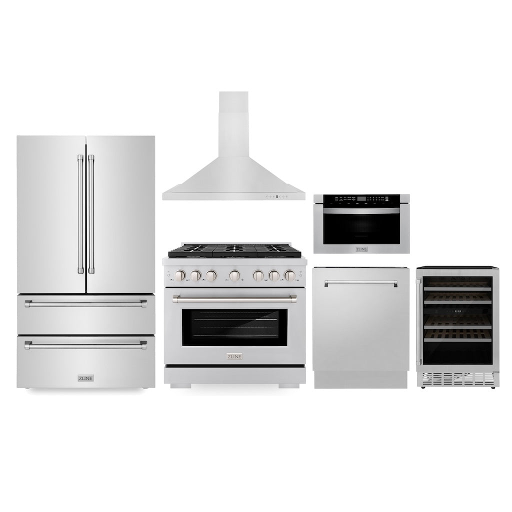 ZLINE 36-inch Stainless Steel Kitchen Package - Gas Range, Range Hood, Microwave Drawer, Dishwasher & Wine Cooler | Premium Appliance Bundle for Modern Kitchens | Perfect for Home Chefs & Entertaining Guests
