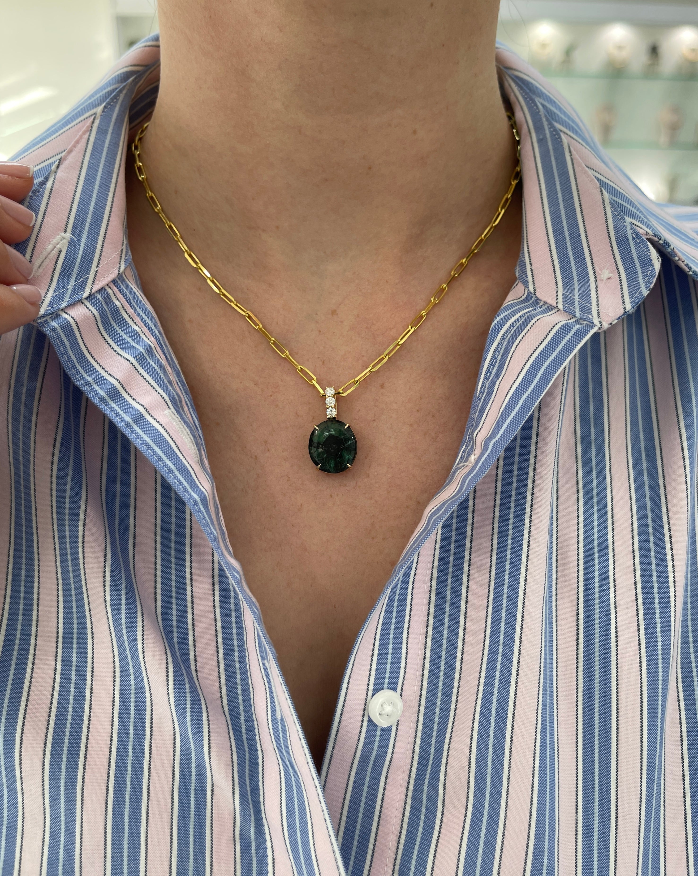 12.32tcw Oval Trapiche Colombian Emerald & Diamond Accented 18K Gold Pendant Necklace for Women - Elegant Jewelry Gift for Birthday, Anniversary & Special Occasions