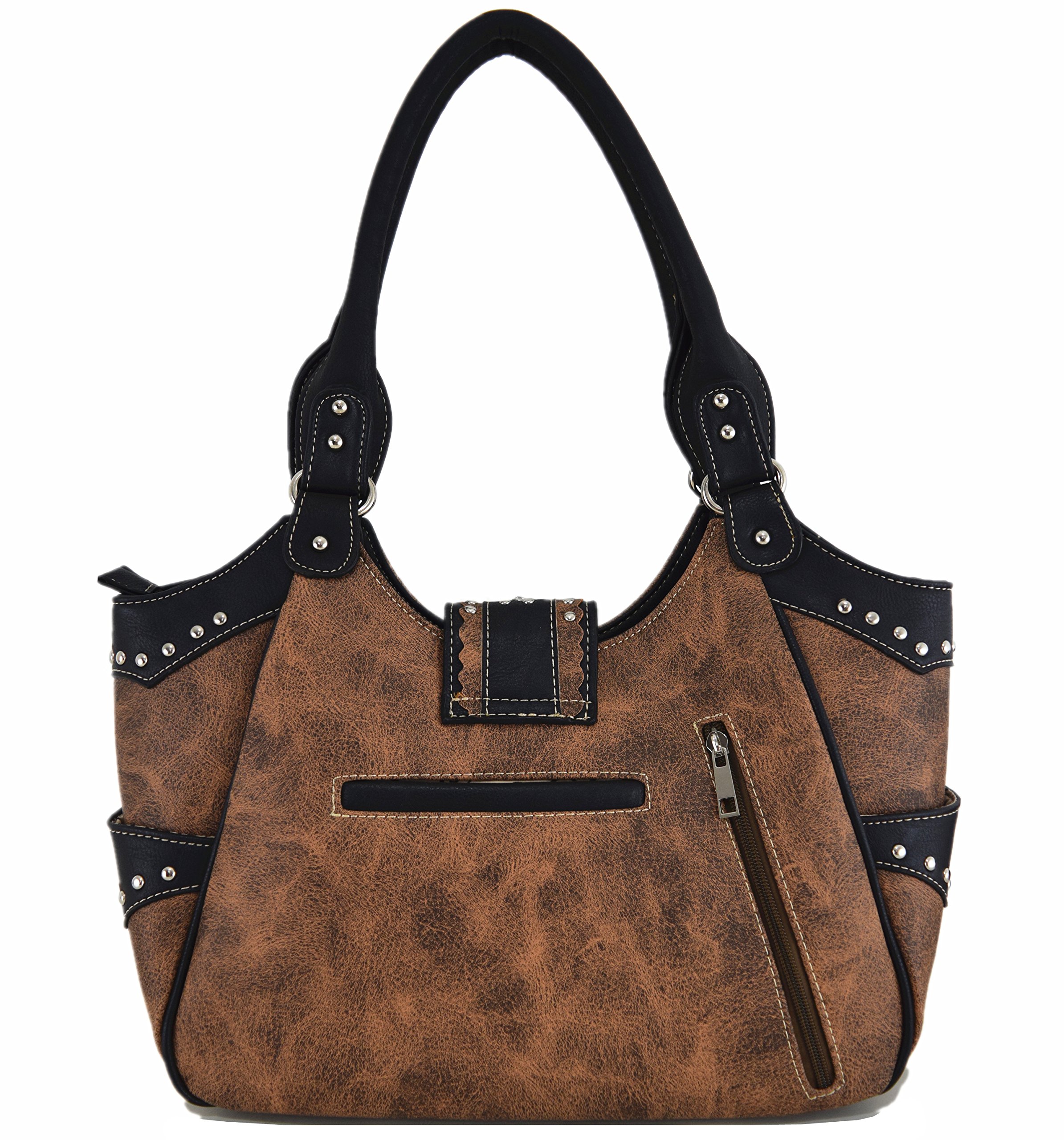 Western Style Berry Conchos Cowgirl Country Conceal Carry Crossbody Purse for Women - Leather Shoulder Bag with Wallet Set (Brown) - Perfect for Rodeo, Concerts & Everyday Use