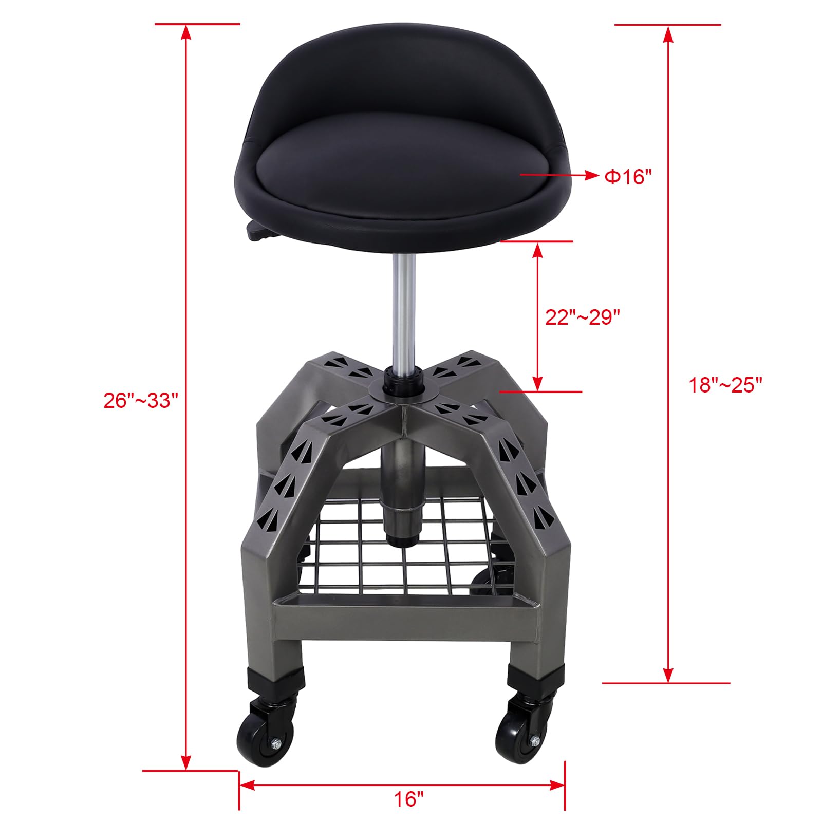 360 Swivel Rolling Shop Stool with Adjustable Height & Tool Tray Storage - 300 Lbs Capacity Gray Stool for Garage, Workshop, or Industrial Use