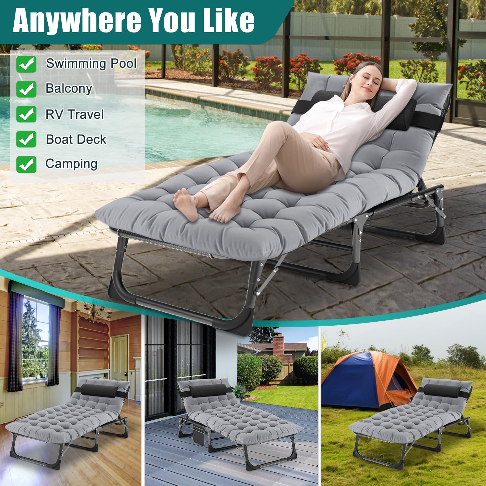 DoCred 5-Position Adjustable Folding Lounge Chair with Mattress - Portable Sleeping Bed Cot for Camping, Beach, Pool, Patio & Sunbathing | Perfect Outdoor Relaxation, Travel & Backyard Lounging