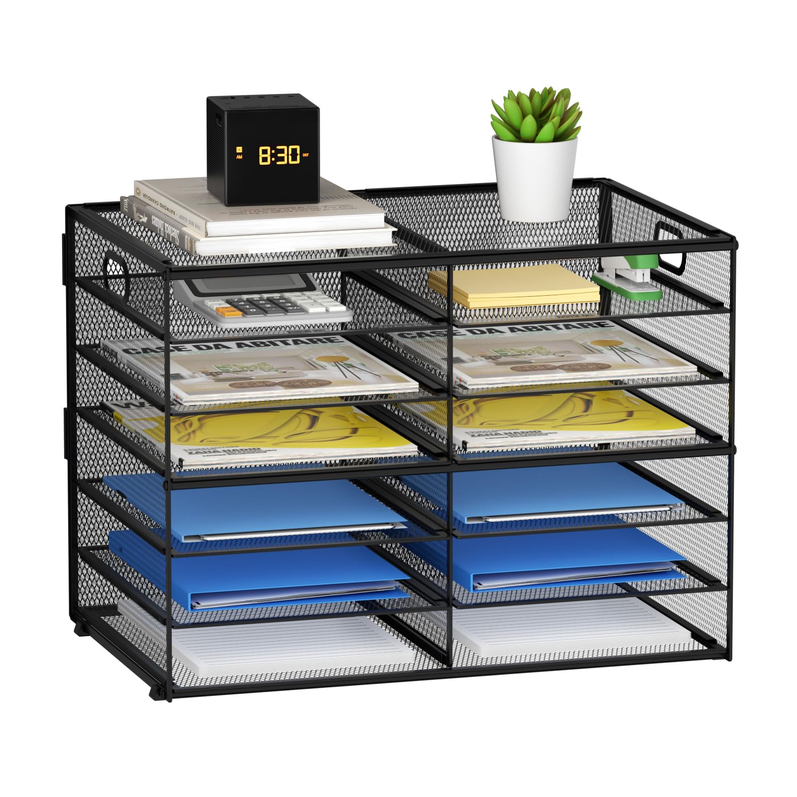 Lavatino 12 Compartment Mesh Desk Organizer - Black Paper & Mail Sorter Tray with Handle for Office, Classroom, or Home - Perfect for Organizing Documents, Letters, and Office Supplies on Your Desk
