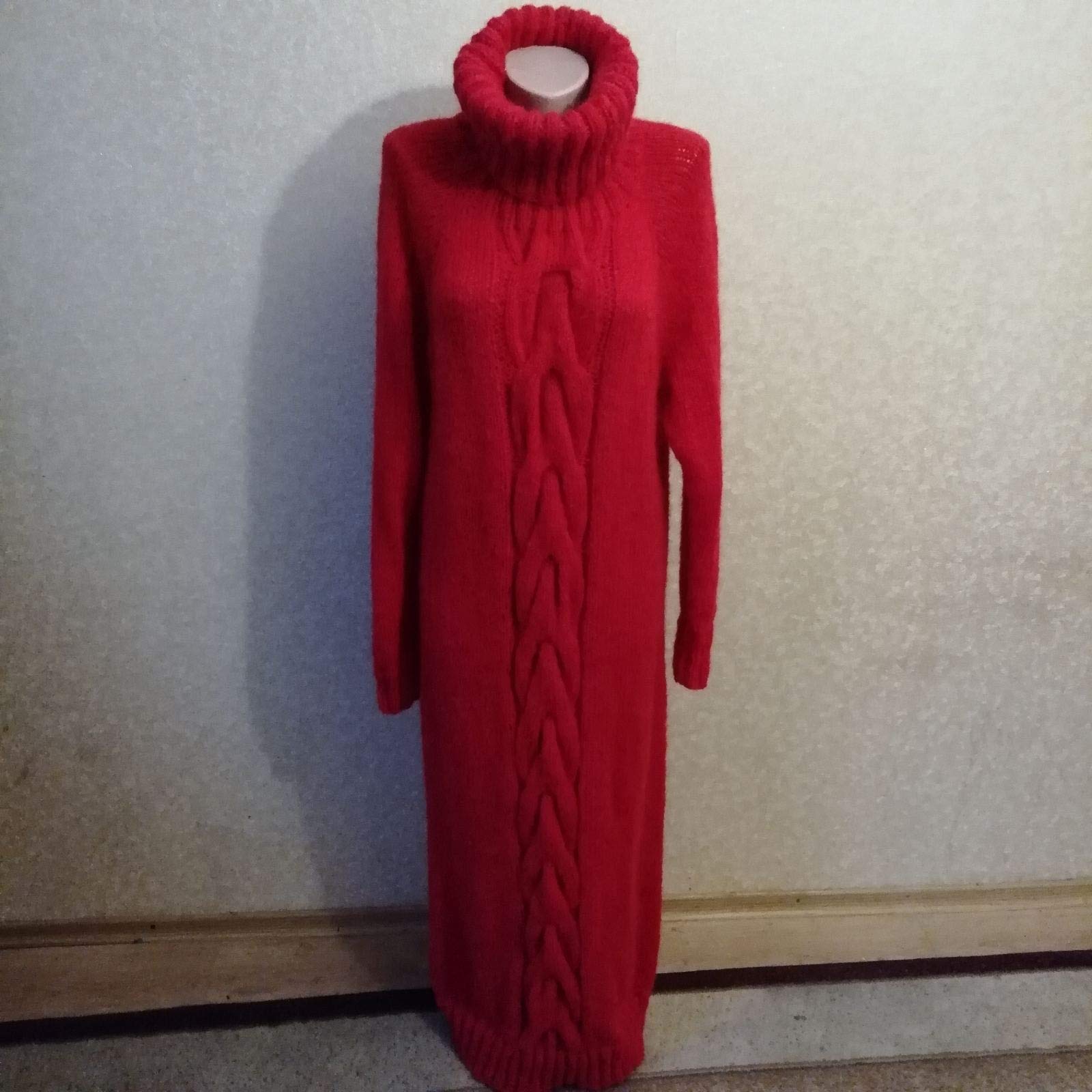 Handmade Bright Red Mohair Turtleneck Sweater Dress for Women - Oversized High Collar, Long Braid, Chunky Knit, Elegant Maternity Tunic, Floor Length | Perfect for Winter Weddings, Holiday Parties & Cozy Office Wear