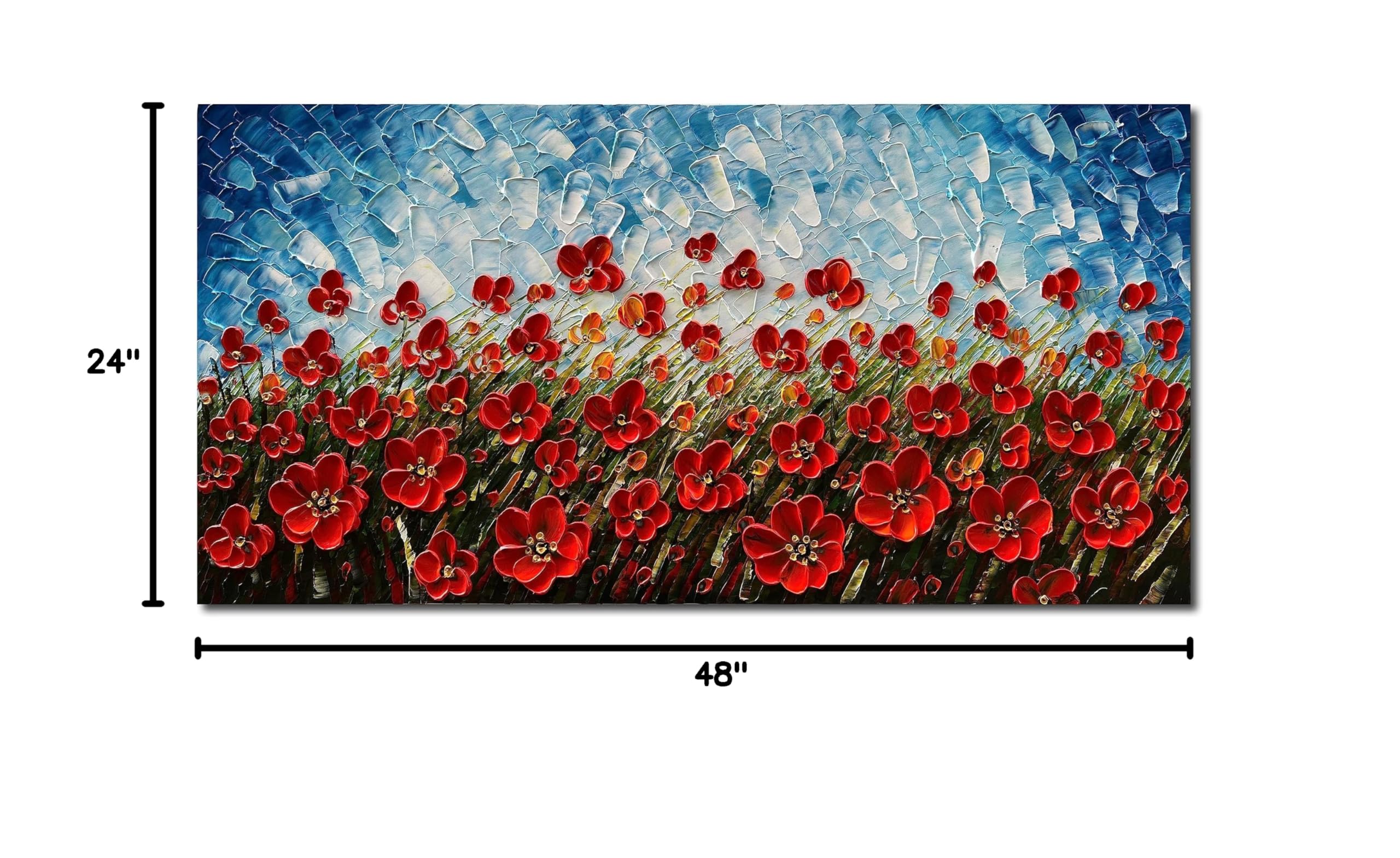 24x48 Inches Hand-Painted Red Flower Oil Painting - Contemporary Canvas Wall Art for Living Room, Bedroom & Dining Room Decor - Perfect for Home Interior Design & Gift Giving