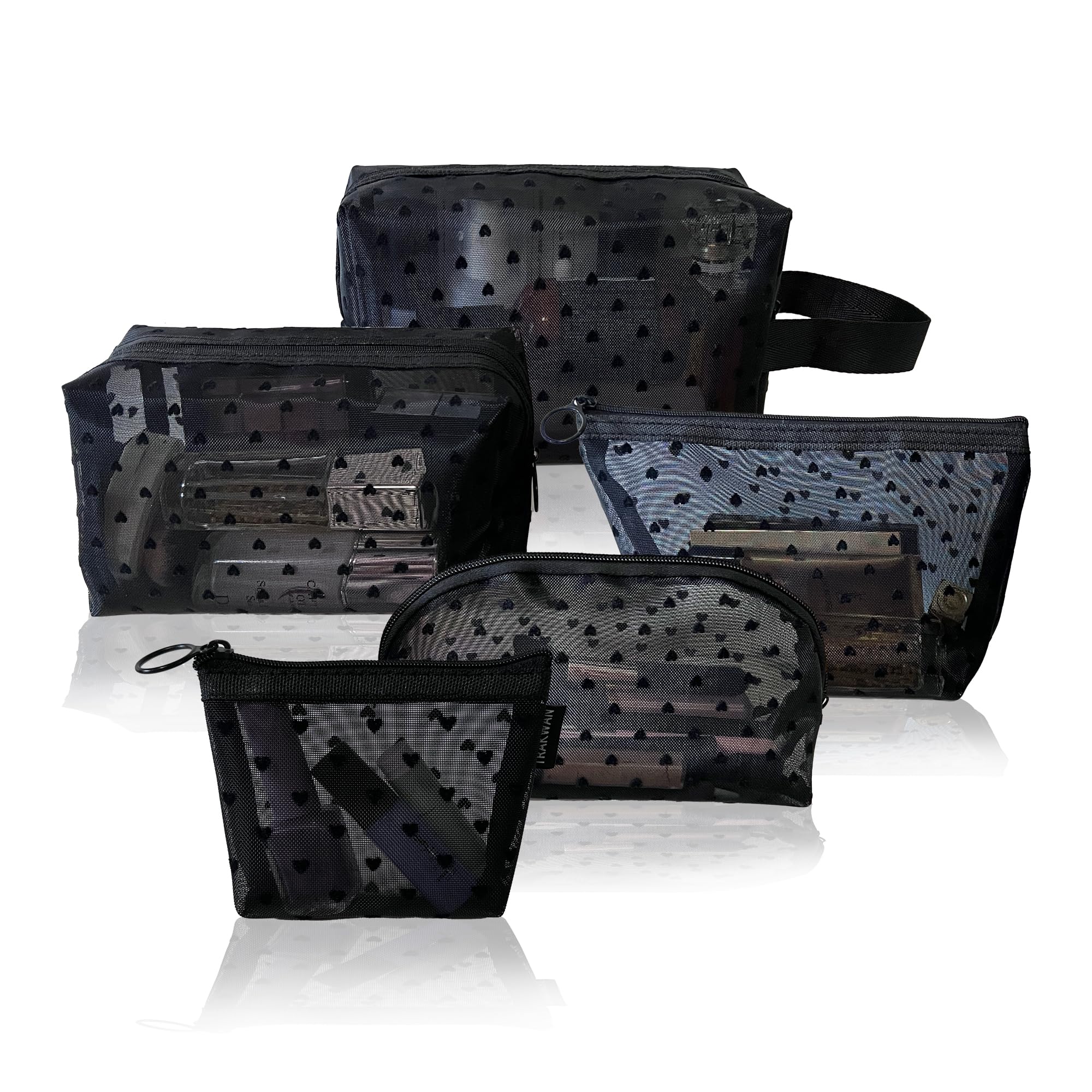 5-Piece Black Mesh Cosmetic Bags Set with Zipper - Heart Pattern Travel Makeup & Toiletry Organizer for Women - Perfect for Travel, Gym, Daily Essentials Storage & Small Items Organization