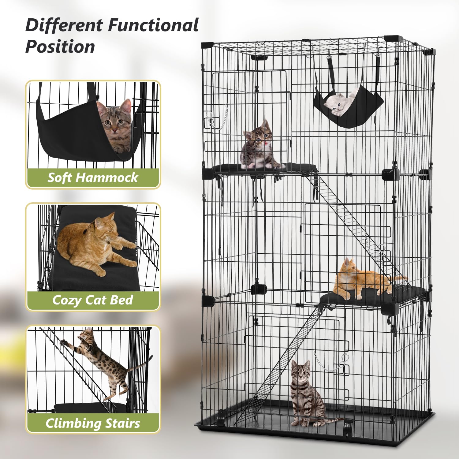 **FDW 3-Tier 67-Inch Collapsible Cat Cage - Indoor & Outdoor Cat Enclosure with Secure Lock, Hammock Bed, Front Doors, Ramp & Perching Shelves - Perfect for Playtime, Training & Safe Outdoor Exploration (Black)**